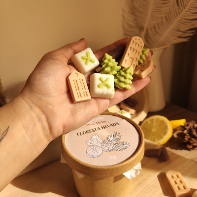 Objetos decorativos em forma de árvores, casas e presentes, com pote rotulado FLORESTA NEVADA e fatias de limão no fundo