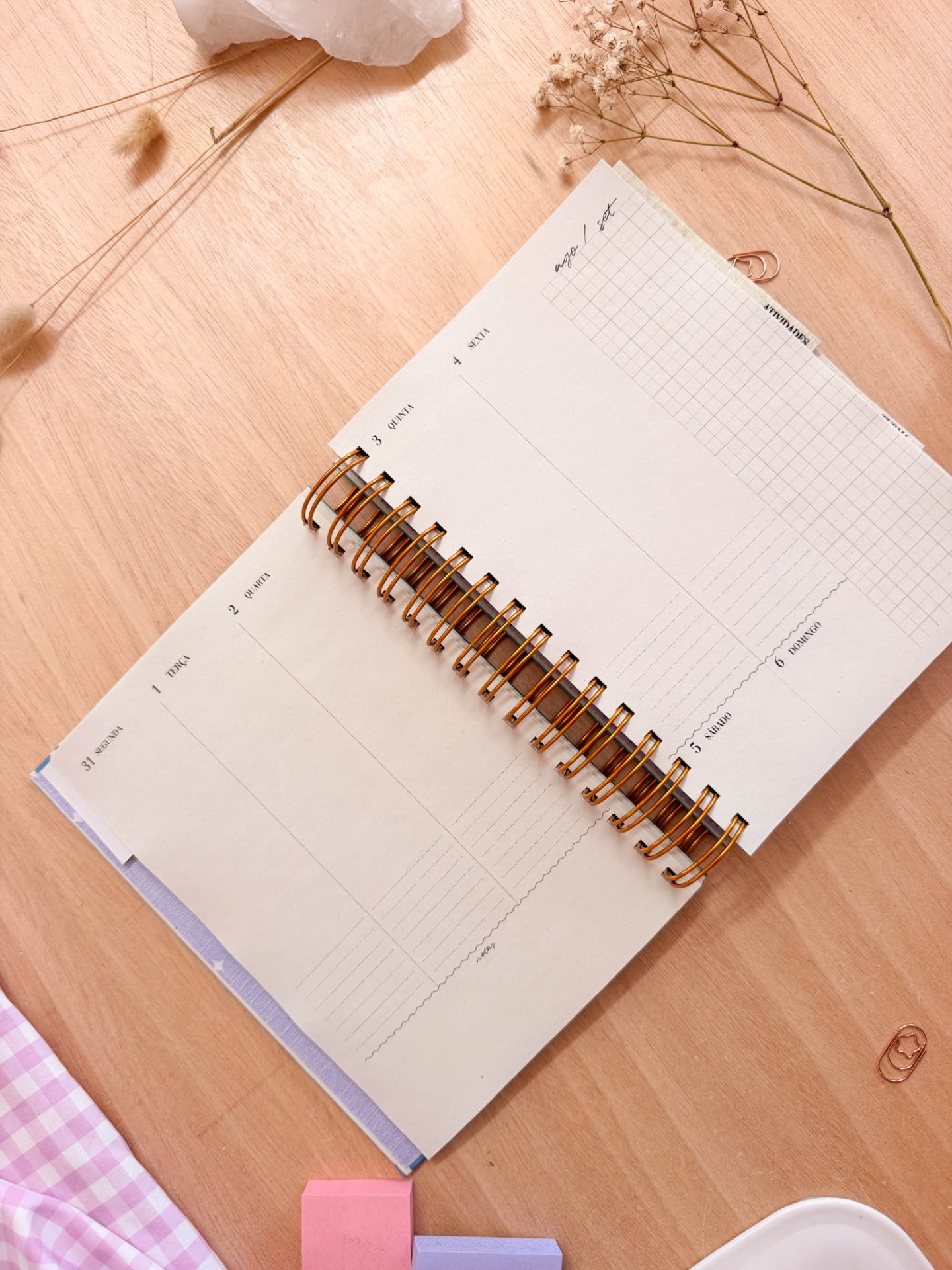Agenda semanal espiral com dias da semana em português sobre mesa de madeira com blocos de notas e ramos secos