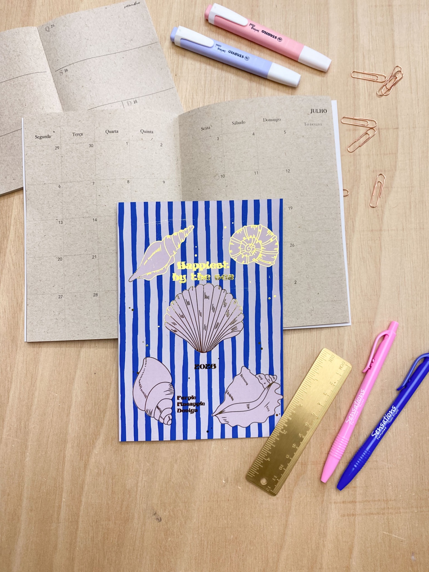 Livro com capa azul decorada com conchas e texto Amarelo ao lado de marcadores pastel numa mesa de madeira clara