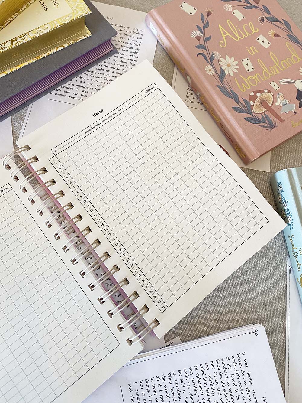 Livros e cadernos abertos sobre mesa clara, com destaque para caderno em espiral com tabela e livro rosa 'Alice in Wonderland'.