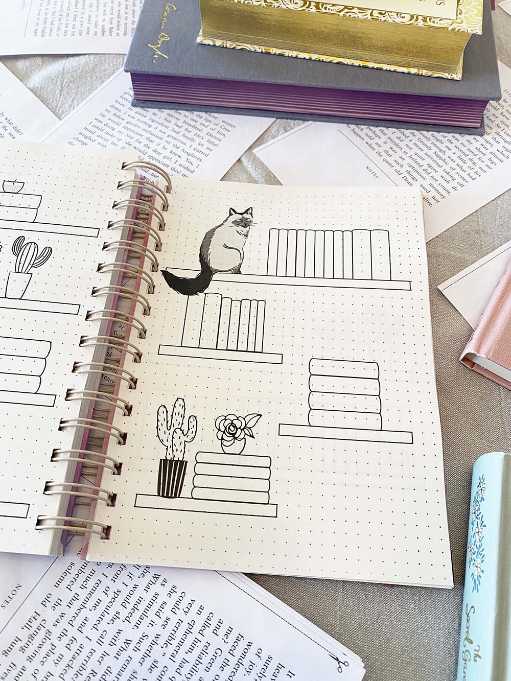 Caderno aberto com desenhos de estantes, livros, gato e plantas em papel pontilhado.