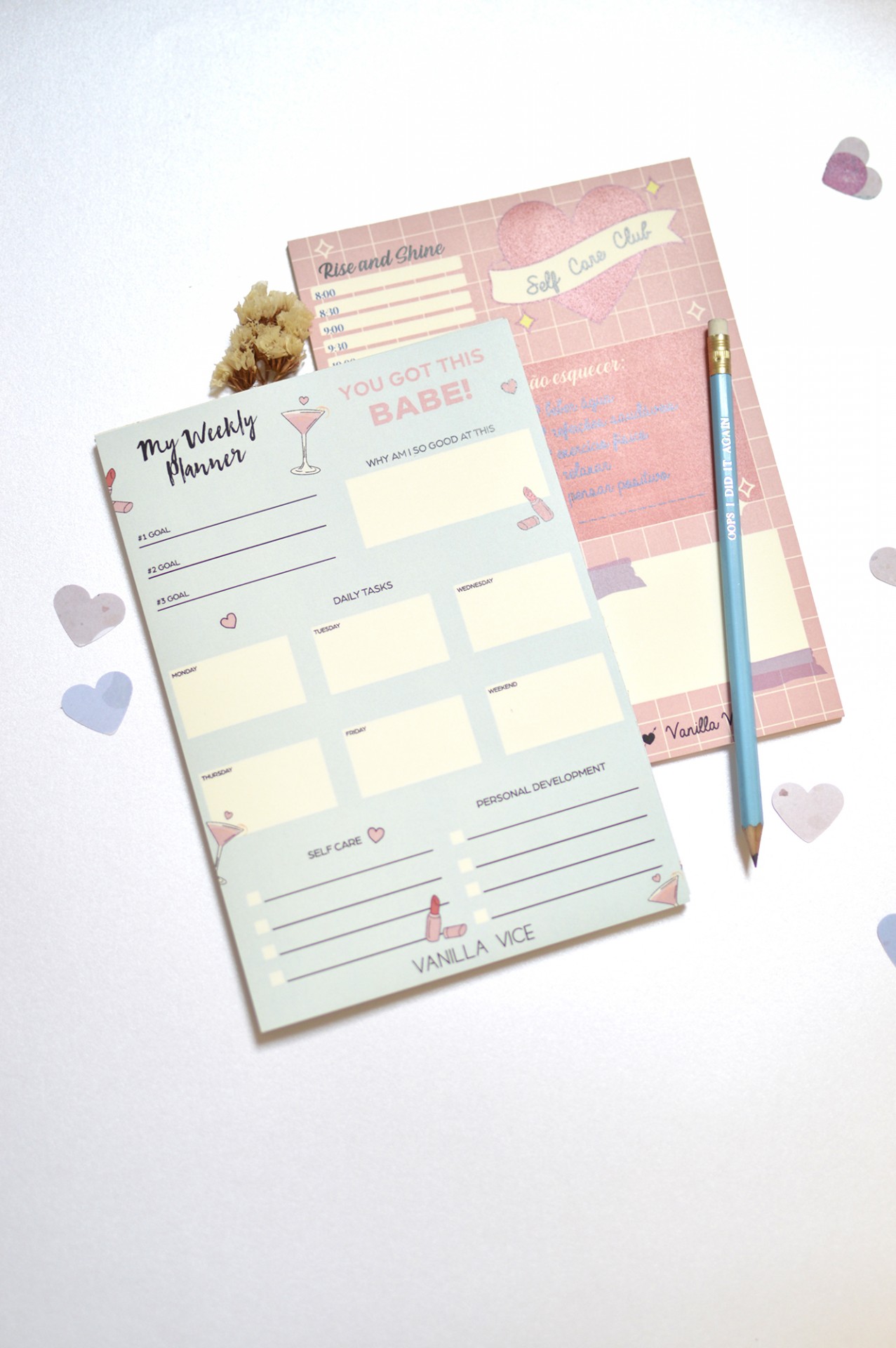 Blocos para planeamento semana e autocuidado com design pastel e lápis azul