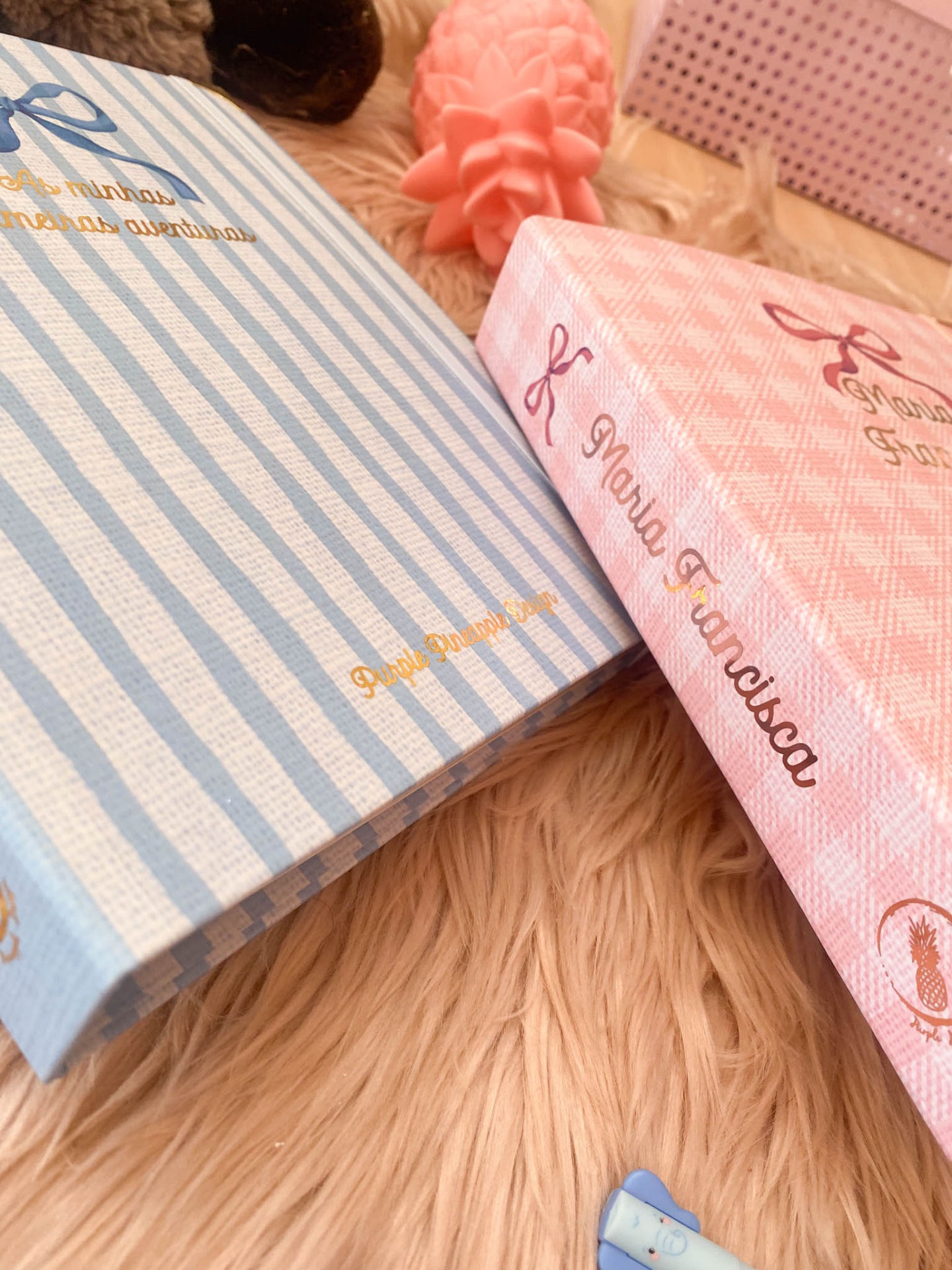 Dois livros com capas em riscas azuis e xadrez rosa com nomes gravados a dourado sobre tapete felpudo rosa claro