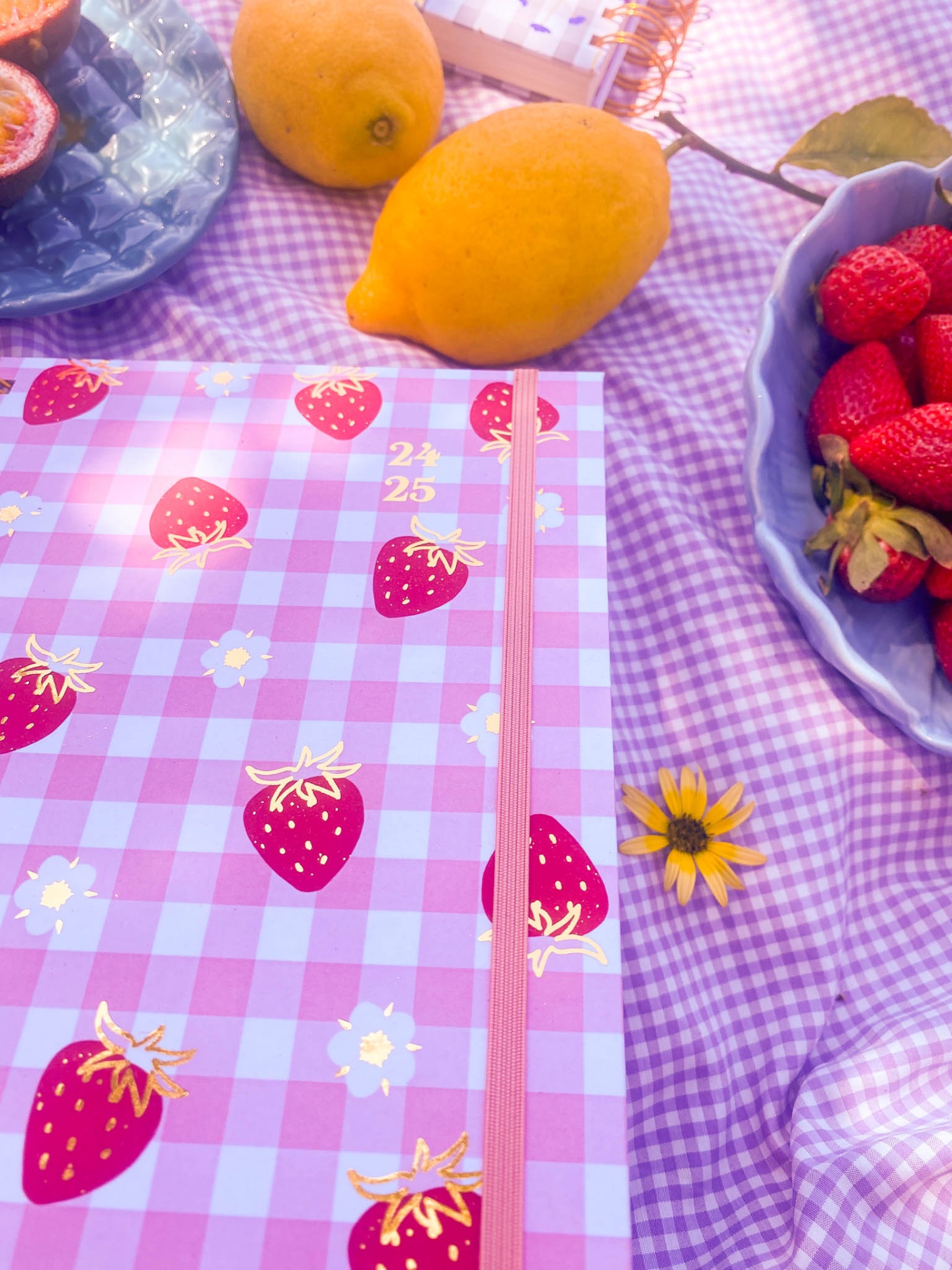 Caderno com capa xadrez azul e branco e estampas de morangos em fundo lilás.