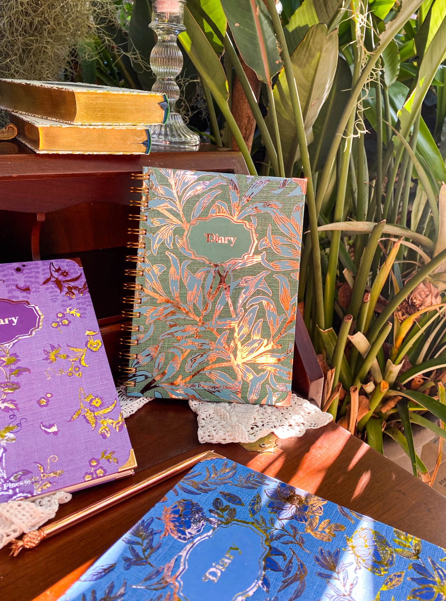 Agendas florais coloridas com palavra 'Diary' sobre mesa de madeira em ambiente com plantas e livros