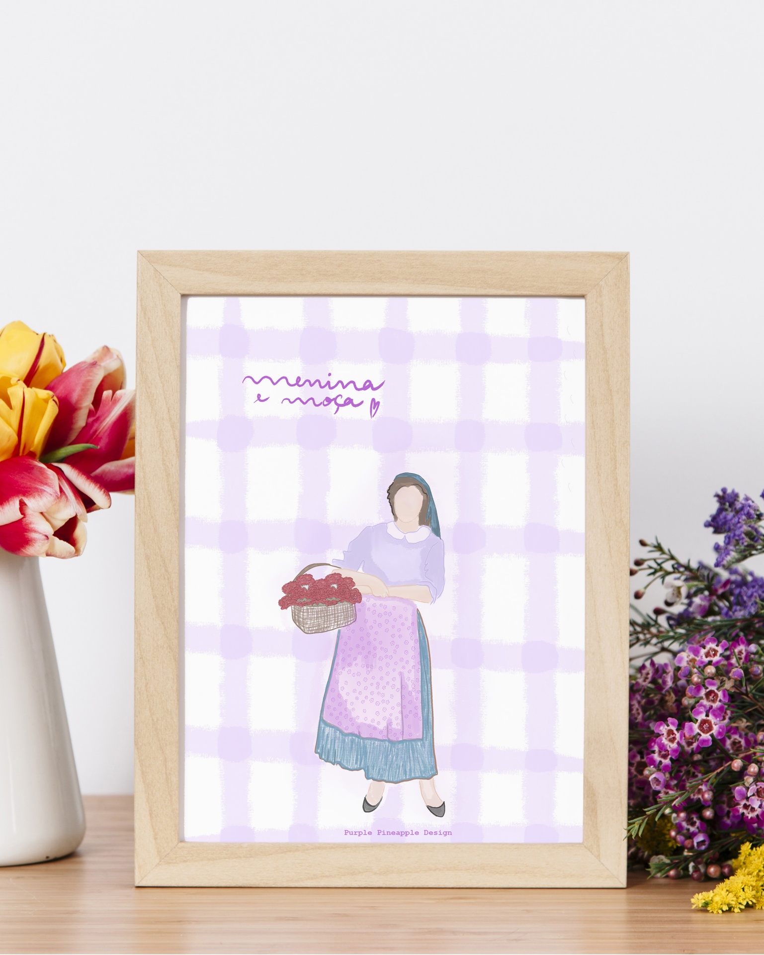 Ilustração de mulher com cesta de flores em moldura de madeira clara