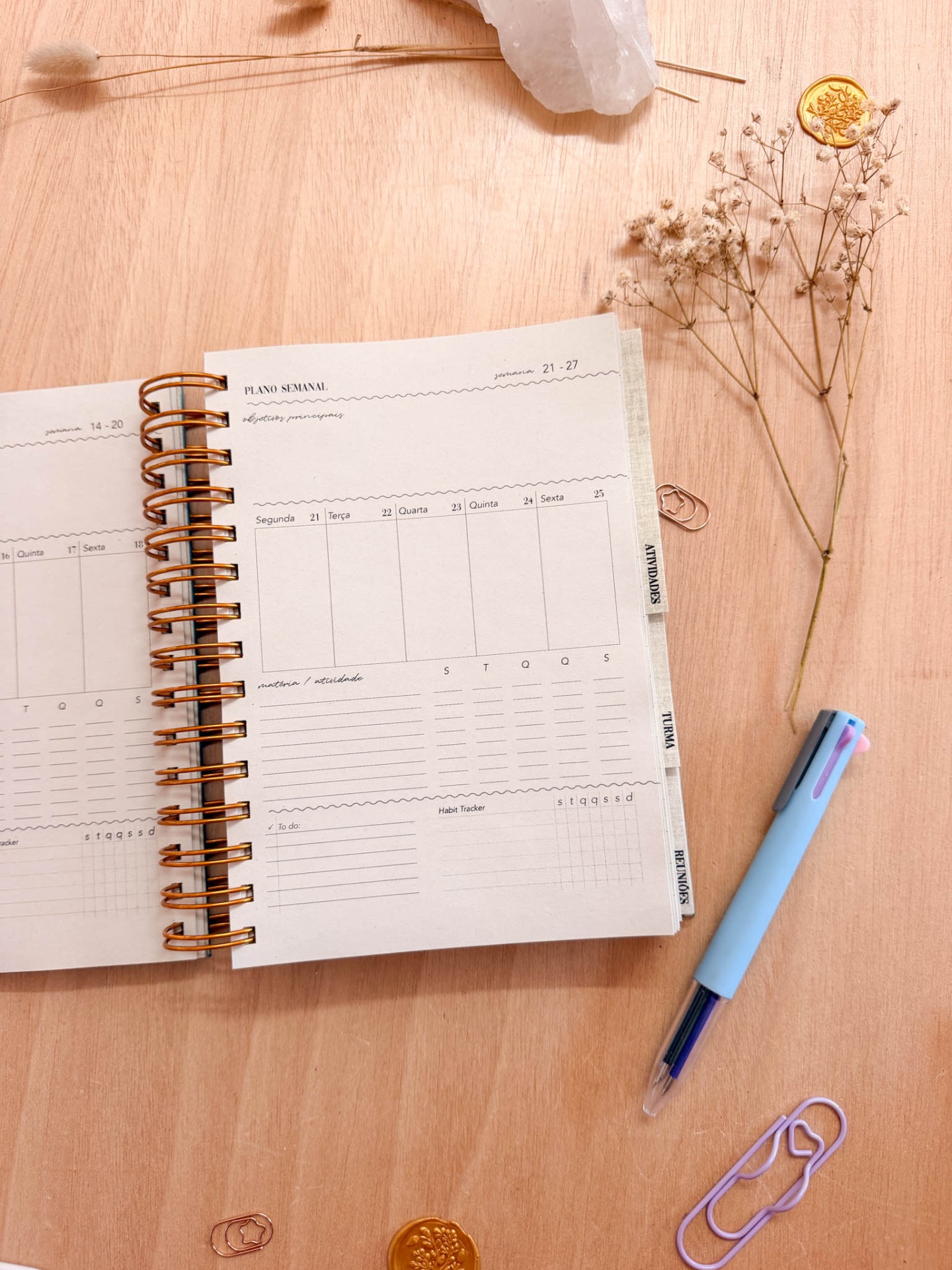 Planner semanal aberto com caneta azul e clips sobre mesa de madeira