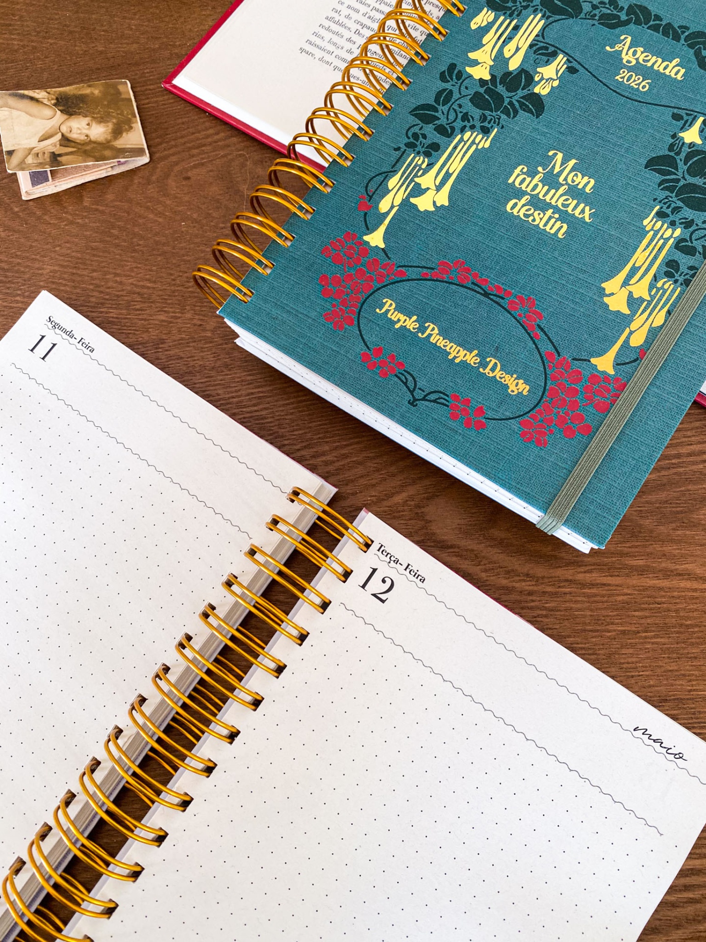 Duas agendas espiraladas, uma fechada azul com flores e texto dourado, outra aberta com páginas datadas 11 e 12 de maio.