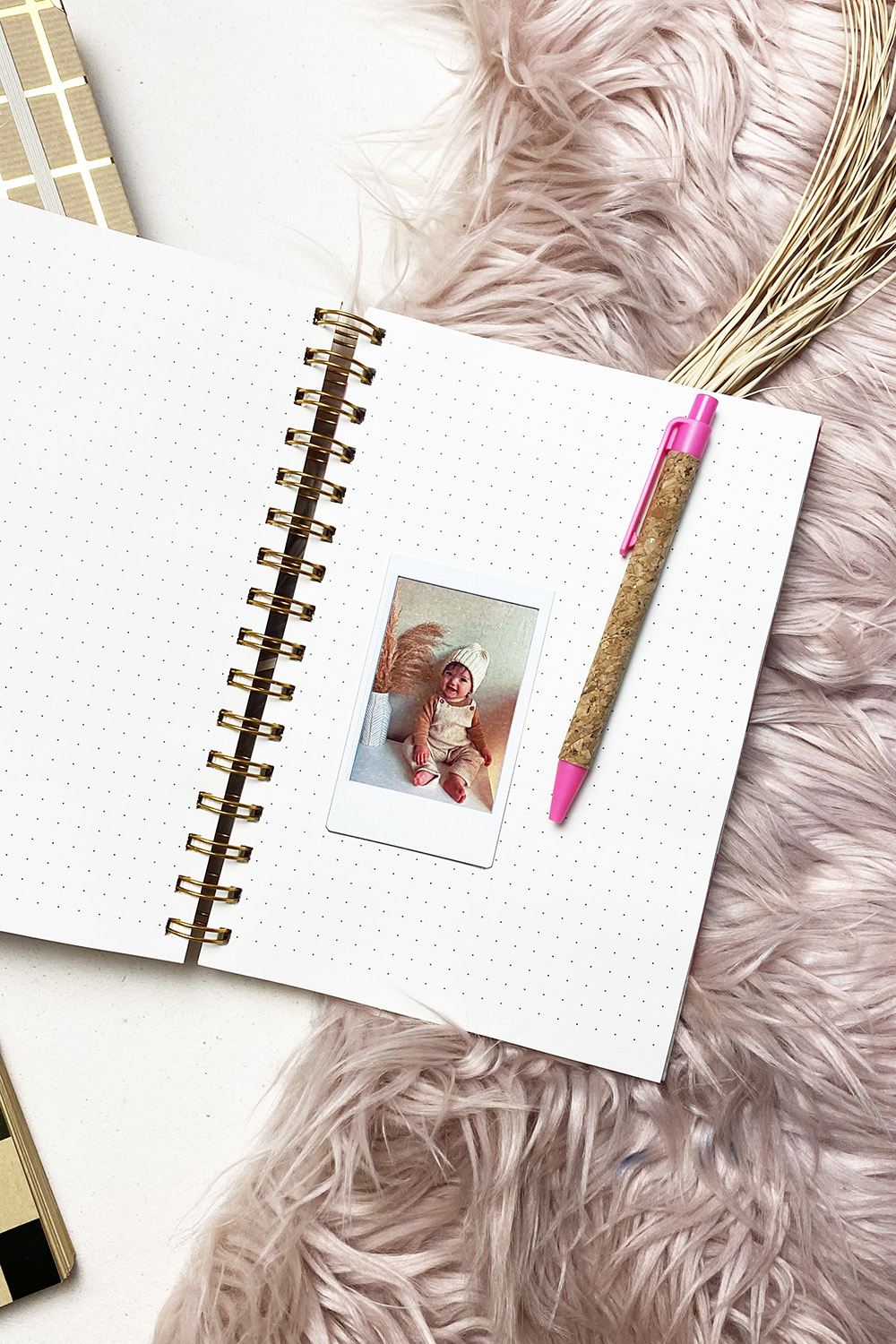 Caderno aberto com caneta rosa e castanha, fotografia instantânea, em tapete peludo rosa claro e arranjo de palha