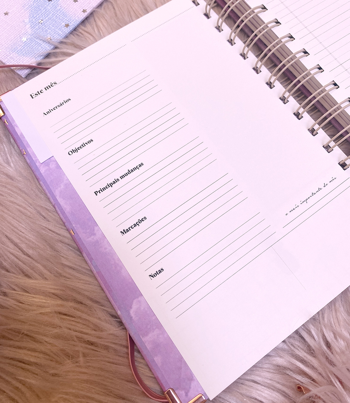 Caderno aberto com página para anotações mensais em português e capa roxa