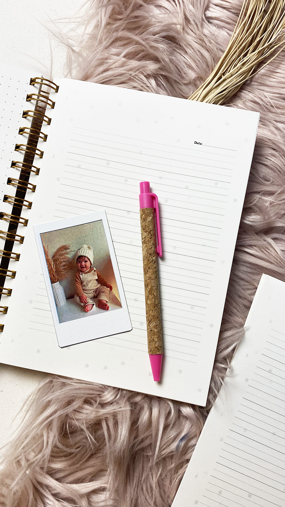 Caderno aberto com caneta e foto sobre tecido felpudo cor-de-rosa