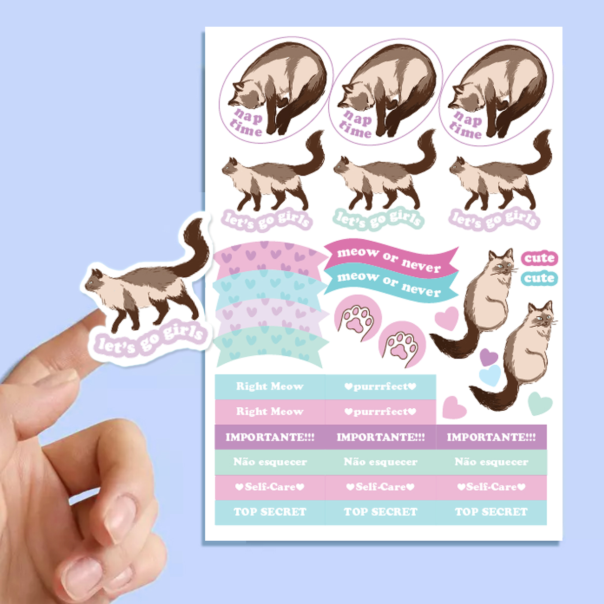 Folha de autocolantes com vários desenhos de gatos, texturas e frases coloridas em letras diferentes