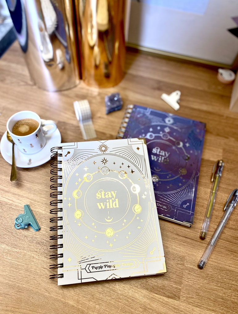 Dois cadernos espirais com capa branca e azul escura com texto 'stay wild' sobre mesa de madeira com café e acessórios de escritório.