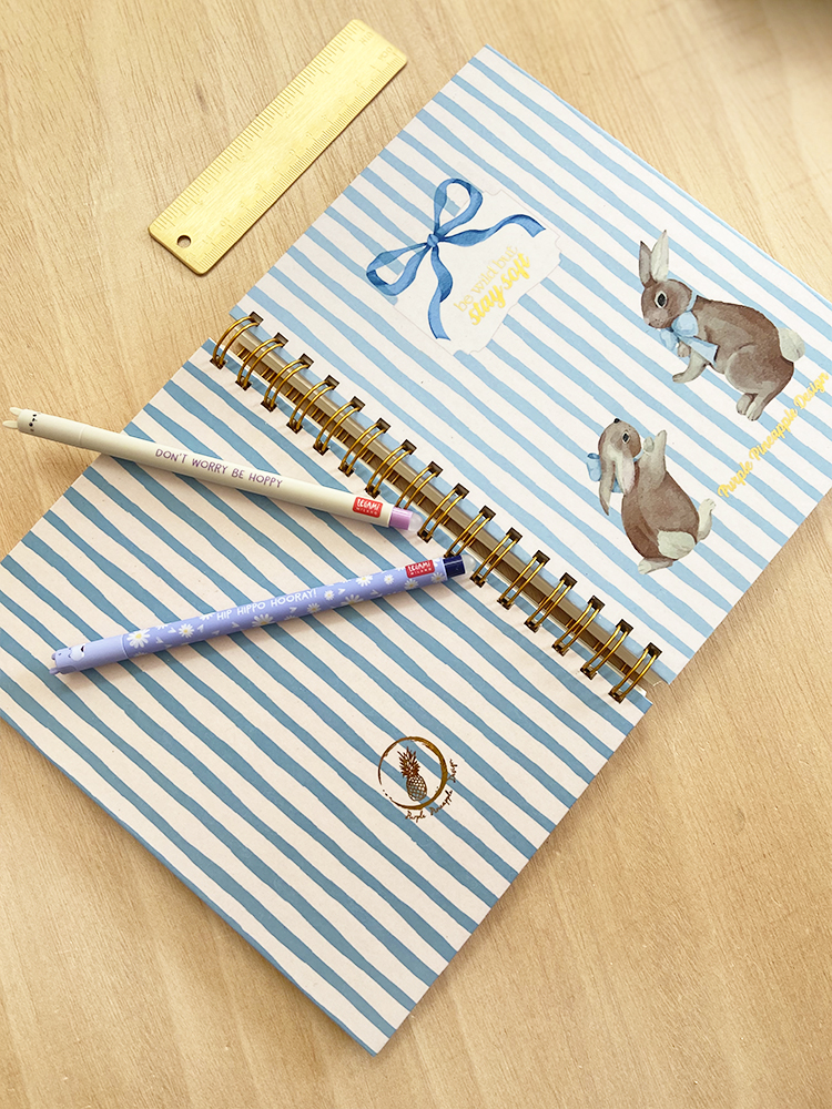 Caderno com riscas azuis e brancas, ilustrações de coelhos e canetas sobre uma mesa de madeira