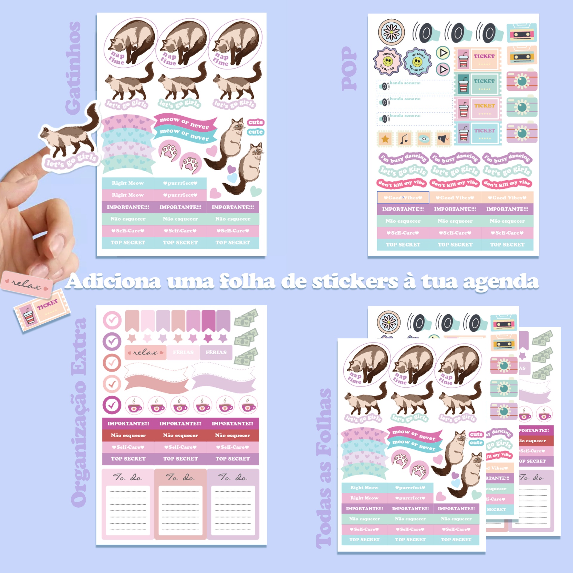 Folhas de autocolantes temáticos para agenda com desenhos de gatos, fitas k7, textos organizacionais e cores pastel.