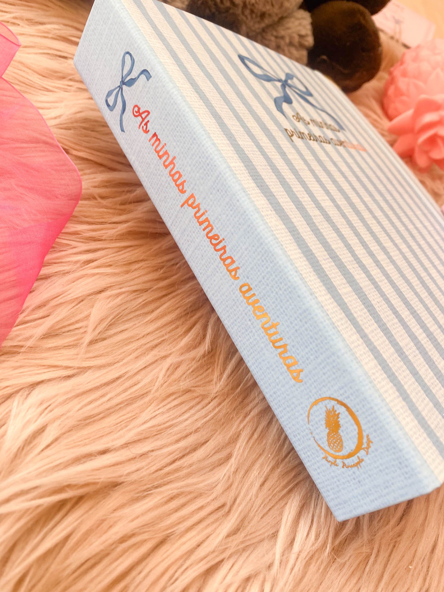 Livro com capa azul e branca às riscas em superfície felpuda cor de rosa claro