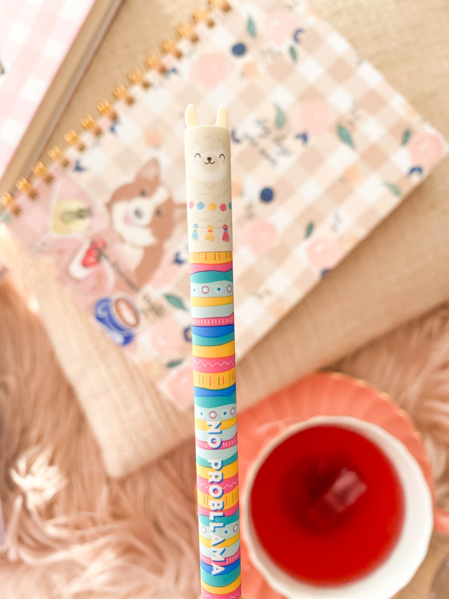 Lápis colorido com borracha em forma de lhama e caderno de capa quadriculada ao fundo