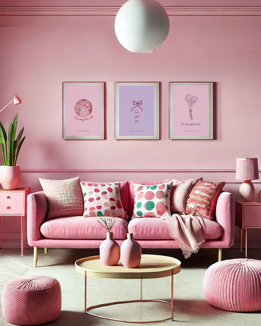 Sala de estar rosa com sofá, almofadas, mesa de centro e quadros na parede