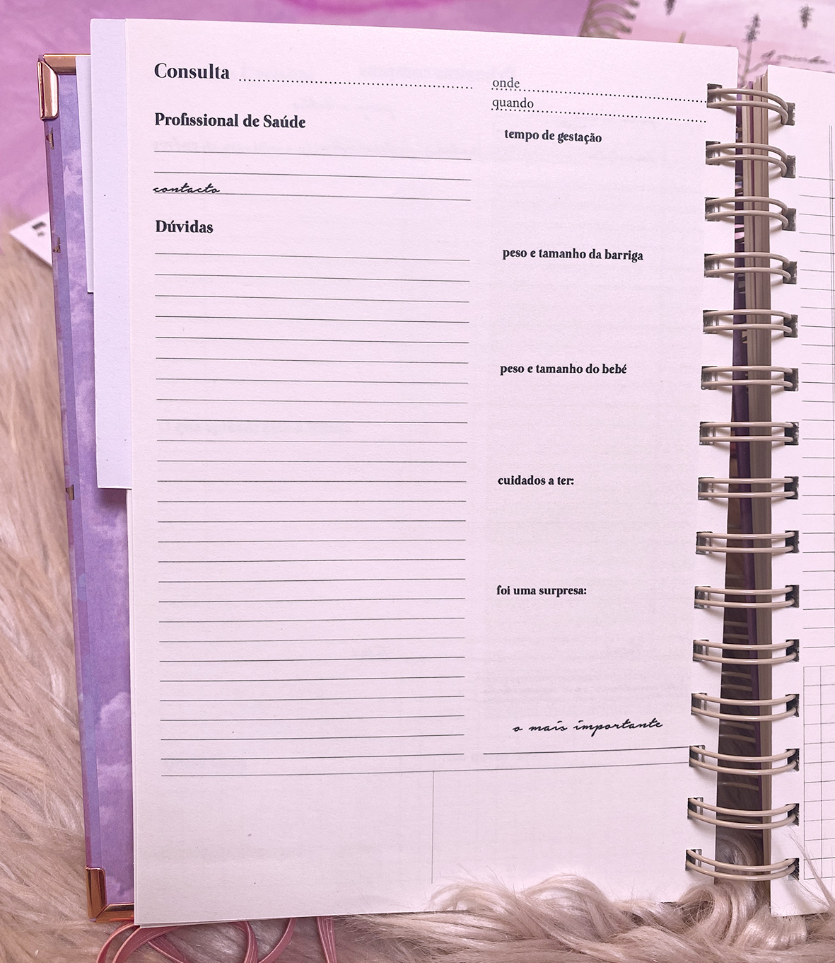 agenda ou caderno aberto com páginas brancas e texto impresso em português