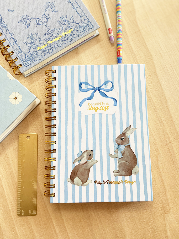 Cadernos com espiral dourada, um com coelhos e riscas azuis, régua dourada e lápis sobre mesa clara