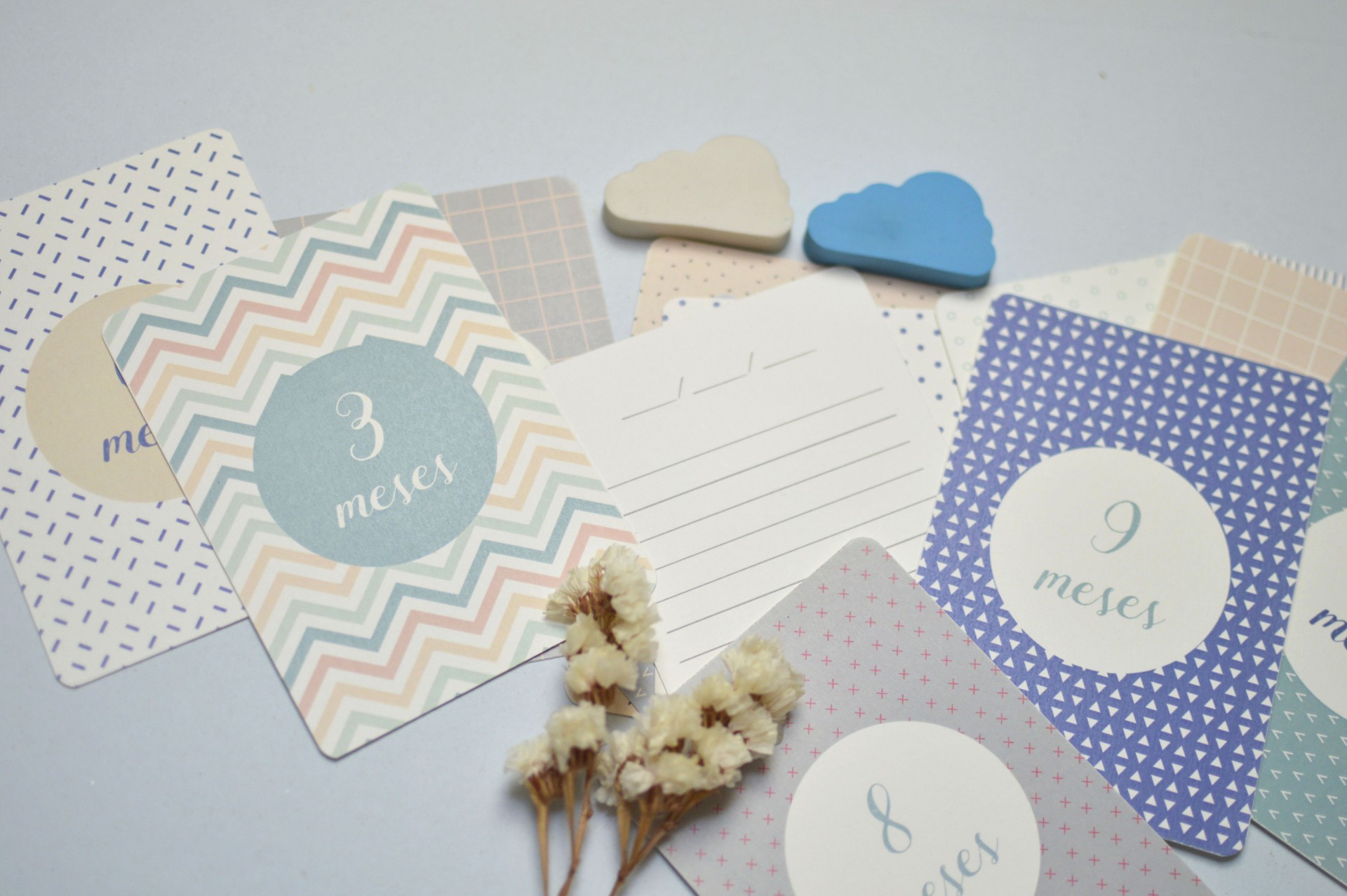 Cartões de recordação para bebés com meses em português em várias cores e padrões, com flores secas e nuvens de madeira.