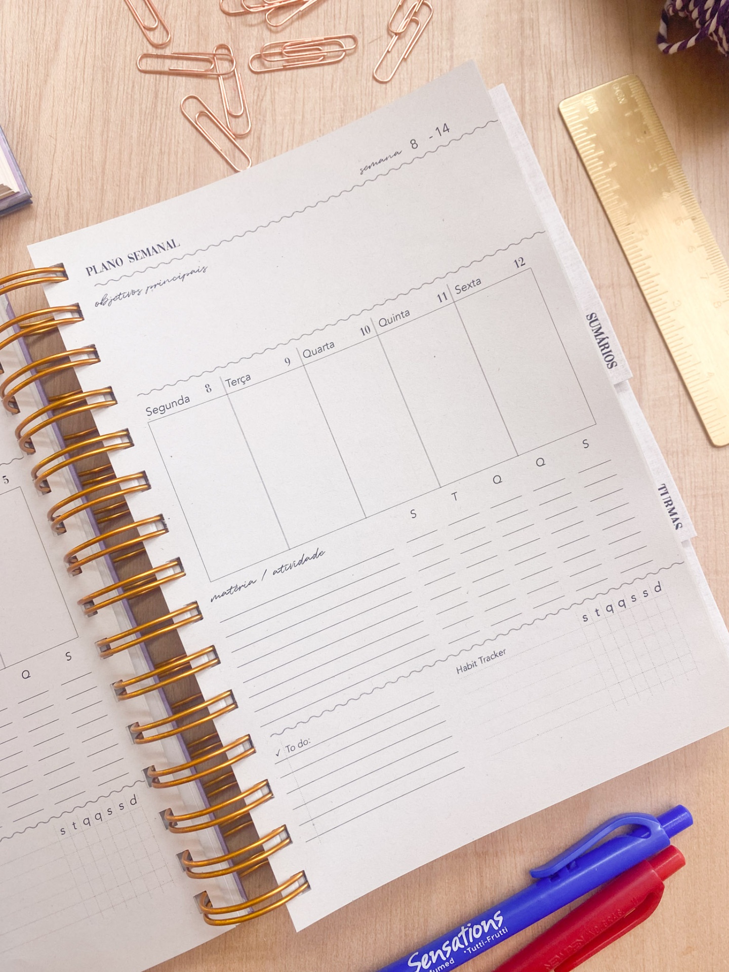 Planner semanal aberto com canetas azul e vermelha e clips dourados sobre mesa de madeira