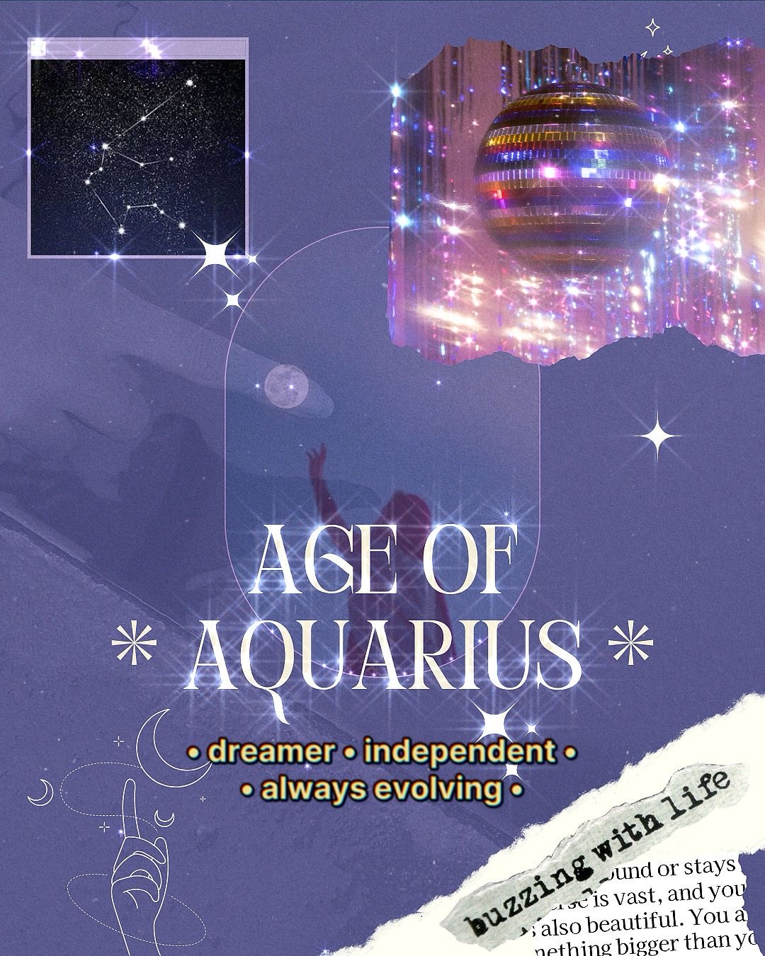 Poster com tema Aquário com texto e imagens cósmicas