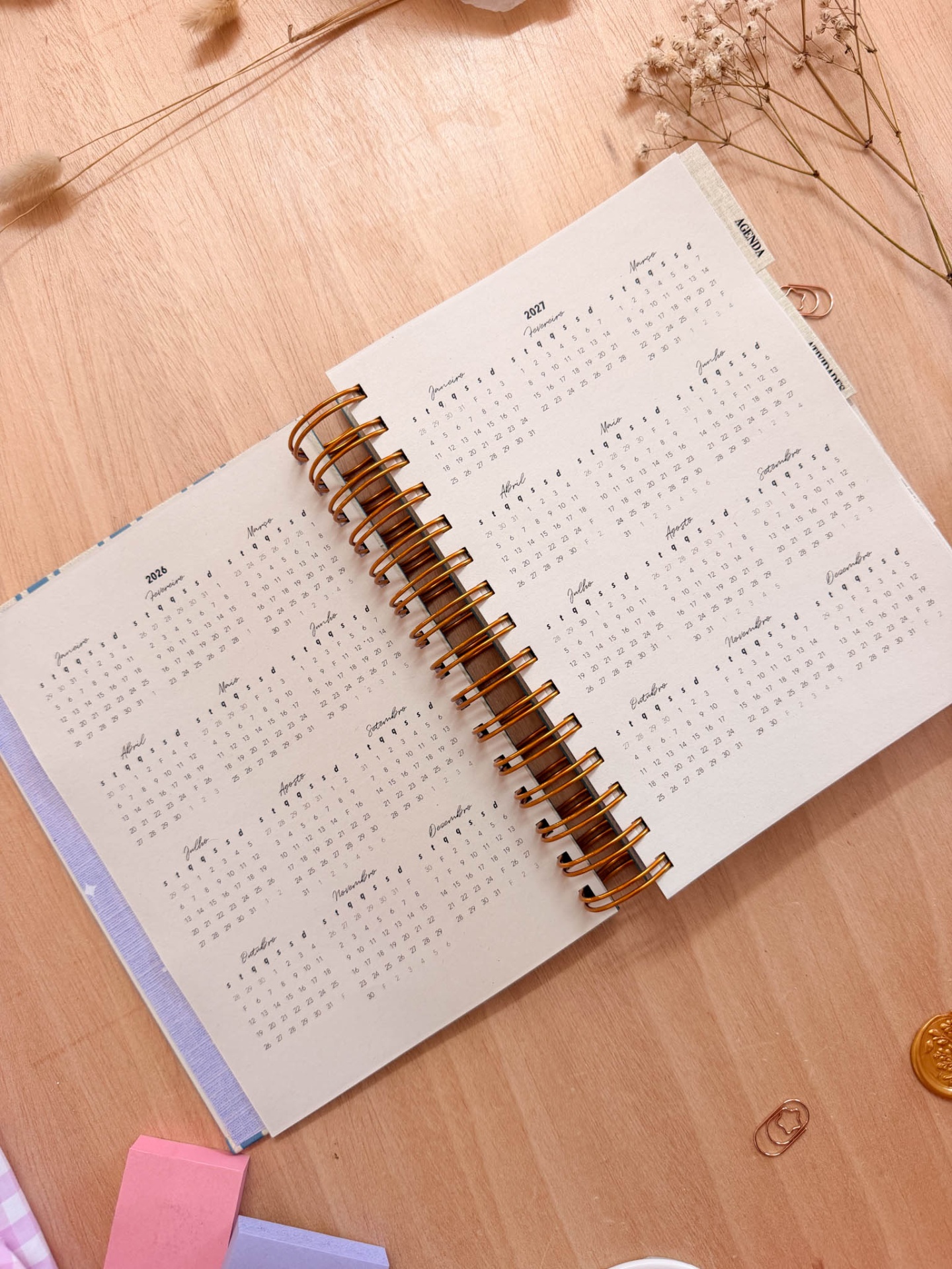 Agenda aberta com calendário de 2026 e 2027, espiral dourado, em mesa de madeira clara com flores secas