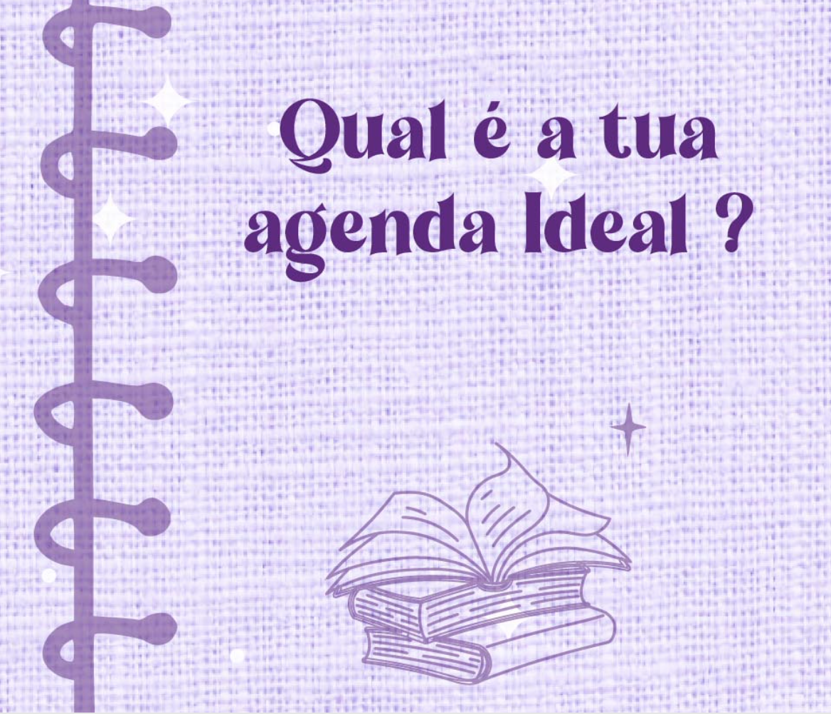 Fundo lilás texturizado com texto roxo e ilustração de livros e espiral de agenda