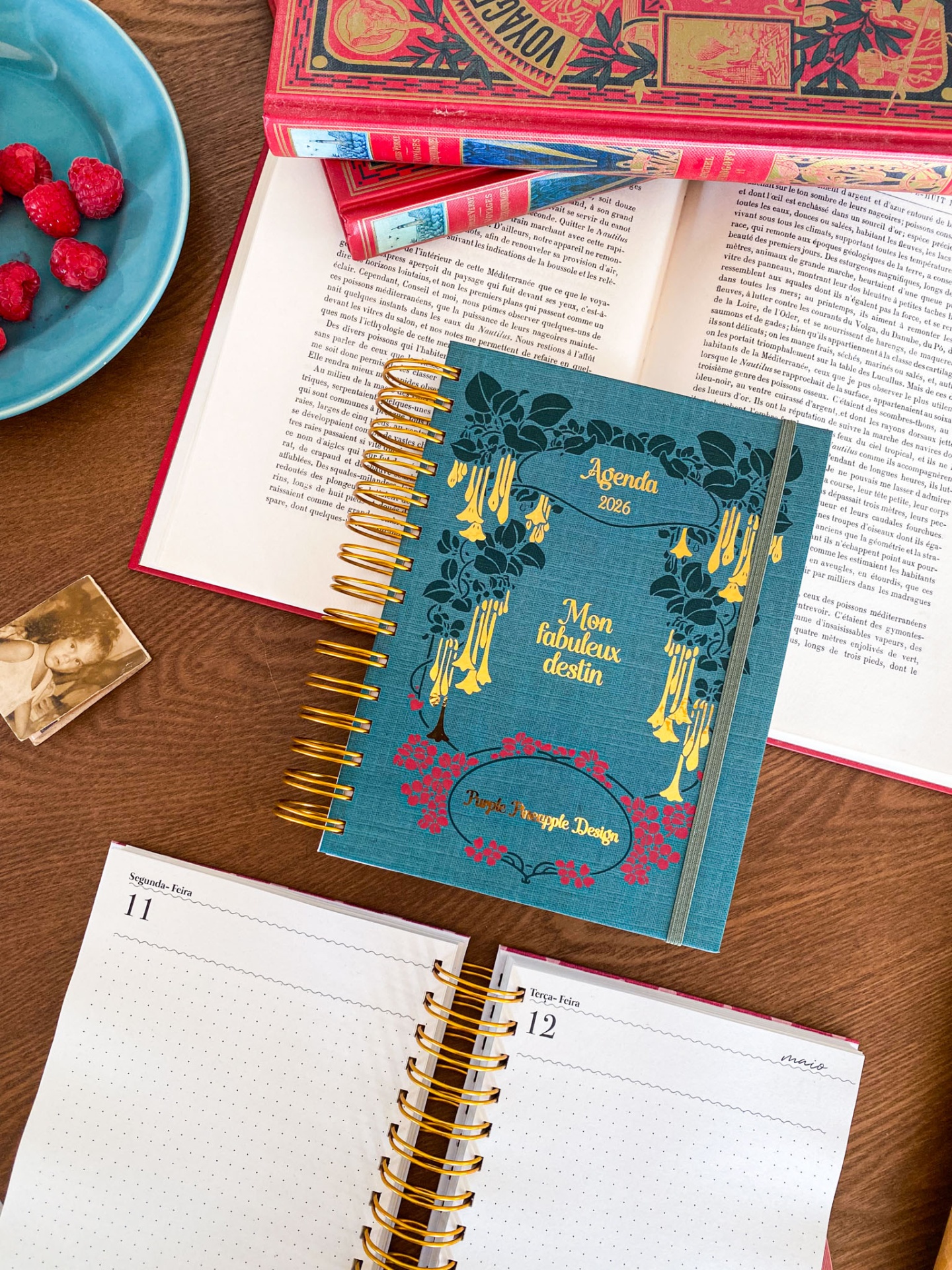 Agenda azul decorada com flores e texto dourado em mesa com livros e framboesas