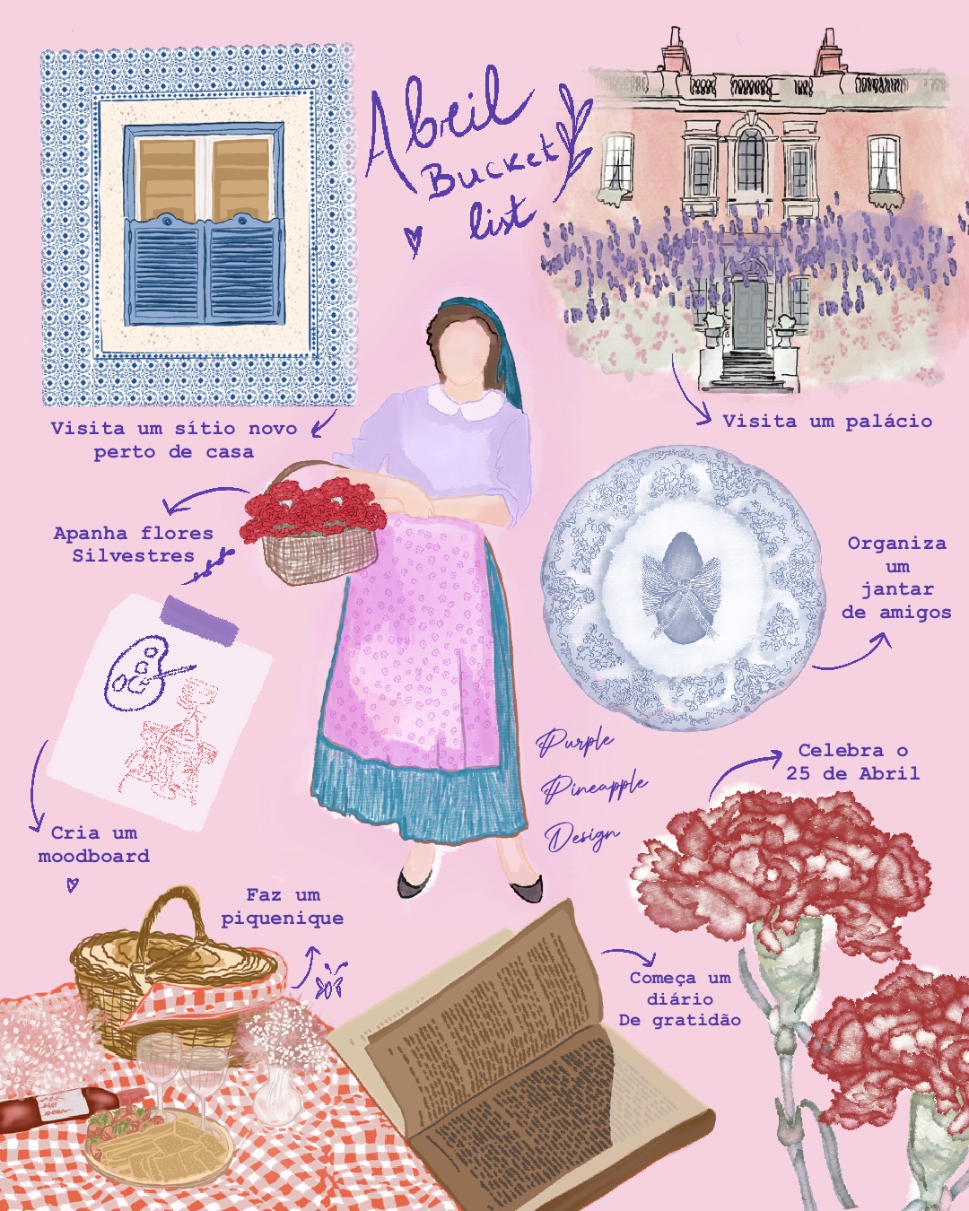 Ilustração colorida com lista de atividades de Abril e vários objetos como janela, palácio, prato, senhora com flores, picnic, livro e flores vermelhas