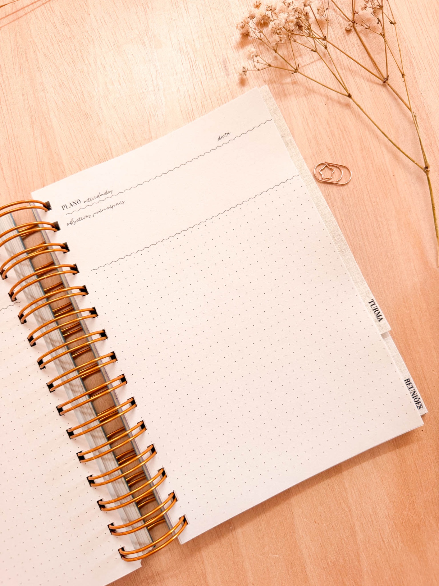 Caderno espiral com folhas pontilhadas e secções marcadas numa mesa de madeira
