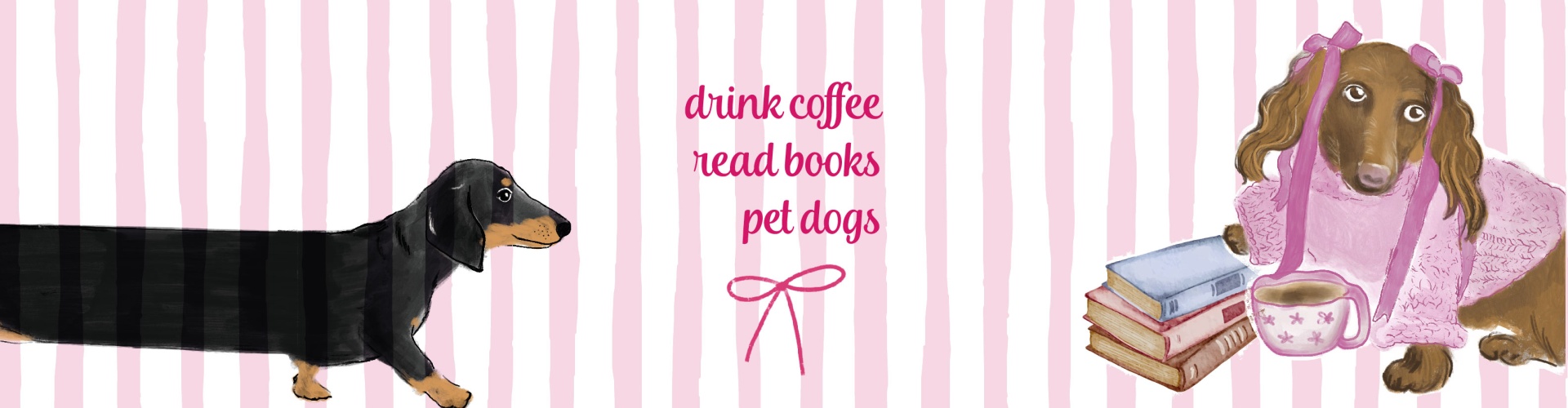 Dois cães dachshund com pijama e livros em fundo riscas rosa