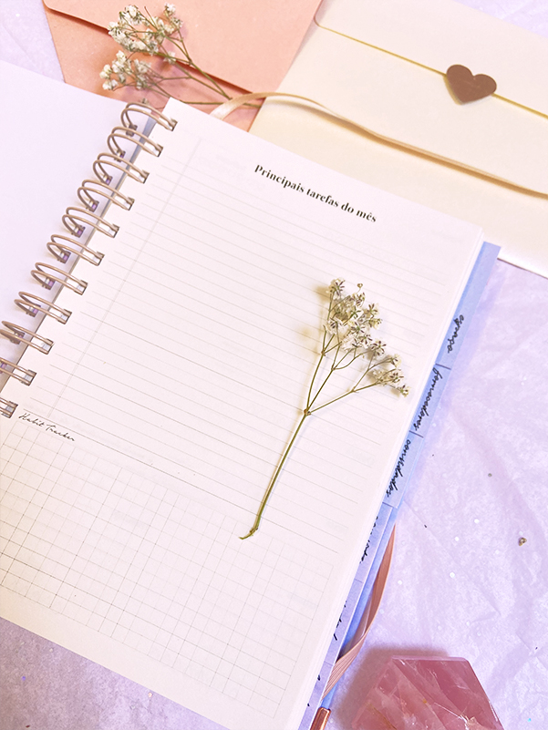 Caderno aberto com flor seca e envelopes em fundo claro