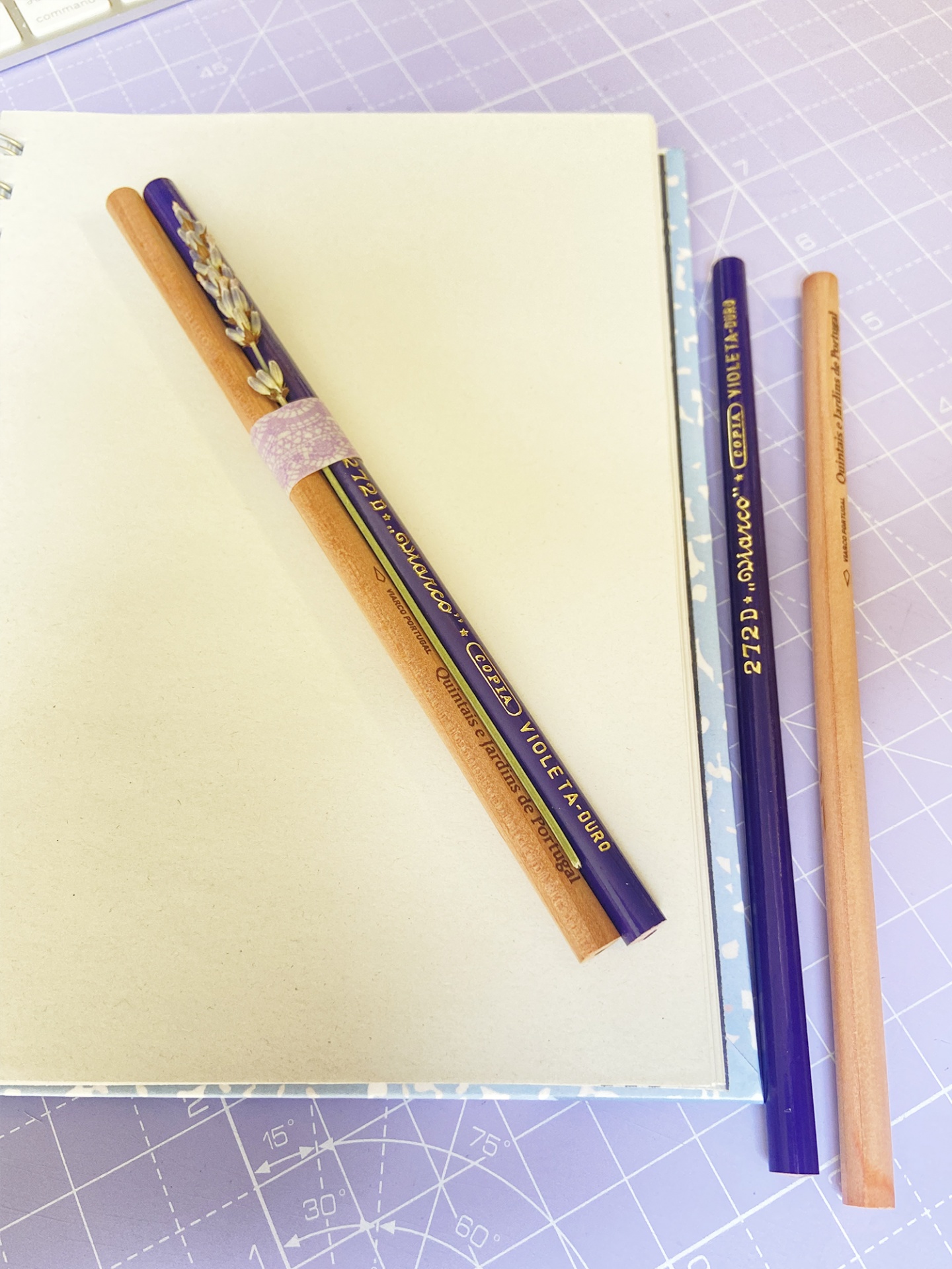 Dois lápis, um castanho claro e um roxo com texto dourado, sobre papel