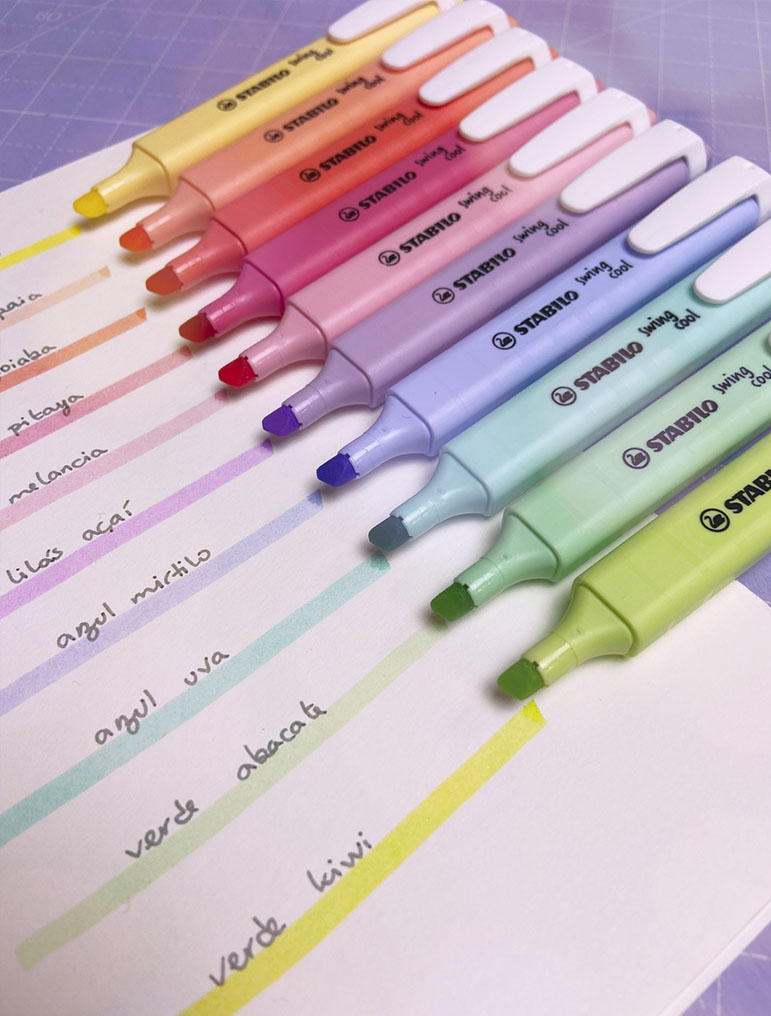 Dez marcadores coloridos Stabilo Swing Cool sobre papel com linhas e nomes escritos