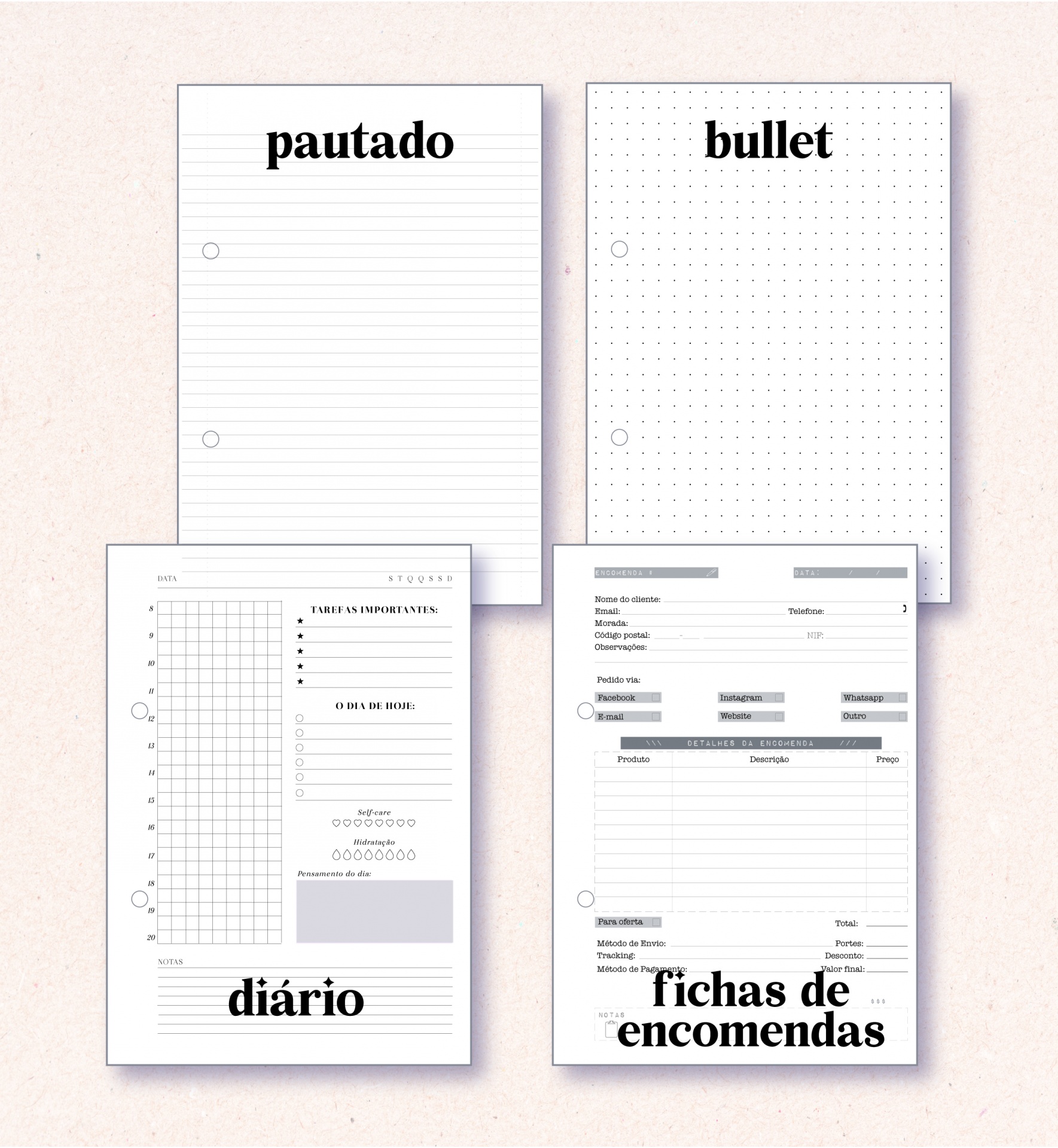 Quatro folhas distintas para caderno: pautado, bullet, diário, fichas de encomendas