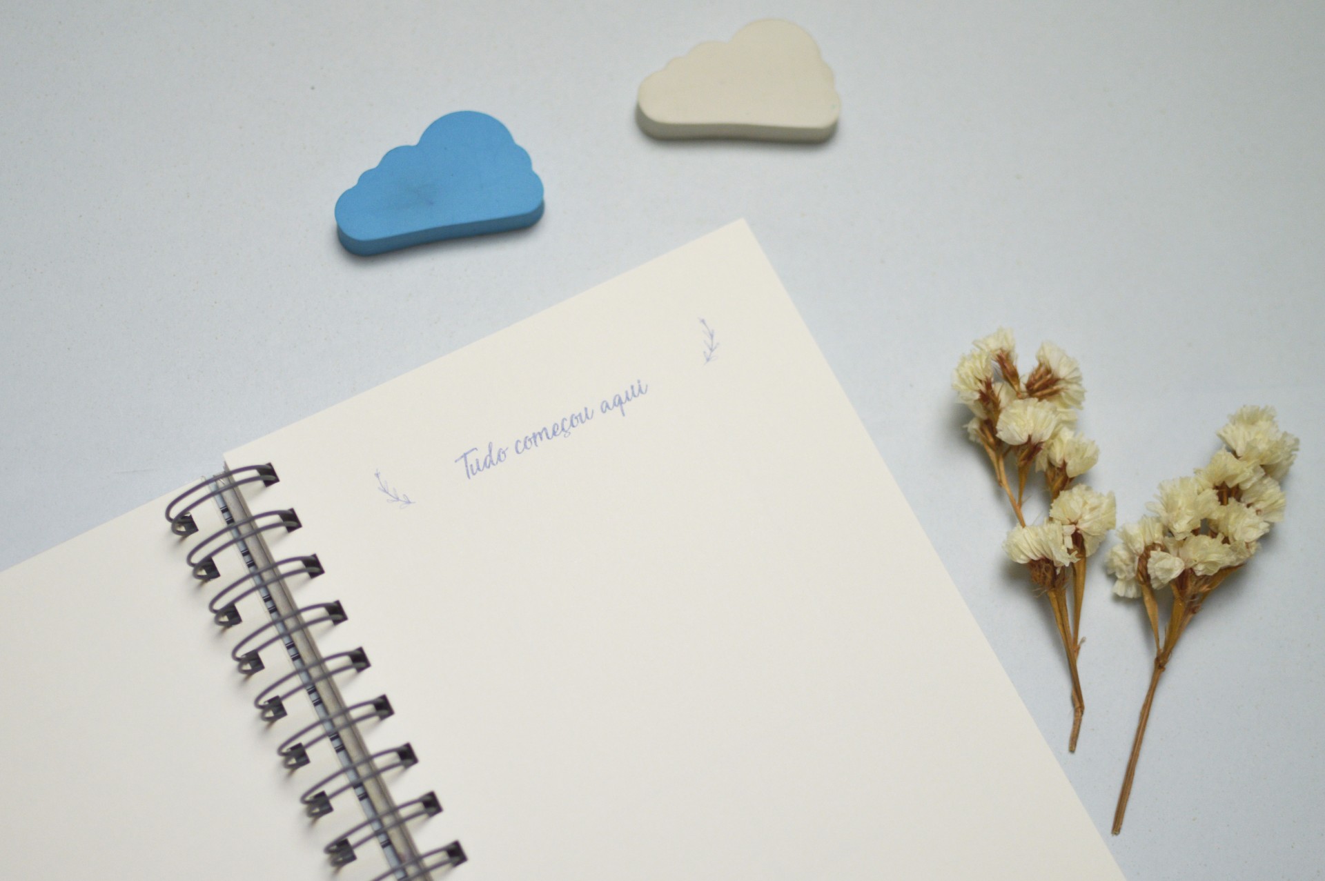 Caderno aberto com frase 'Tudo começa aqui', enfeites de nuvem e ramos secos de flores brancas