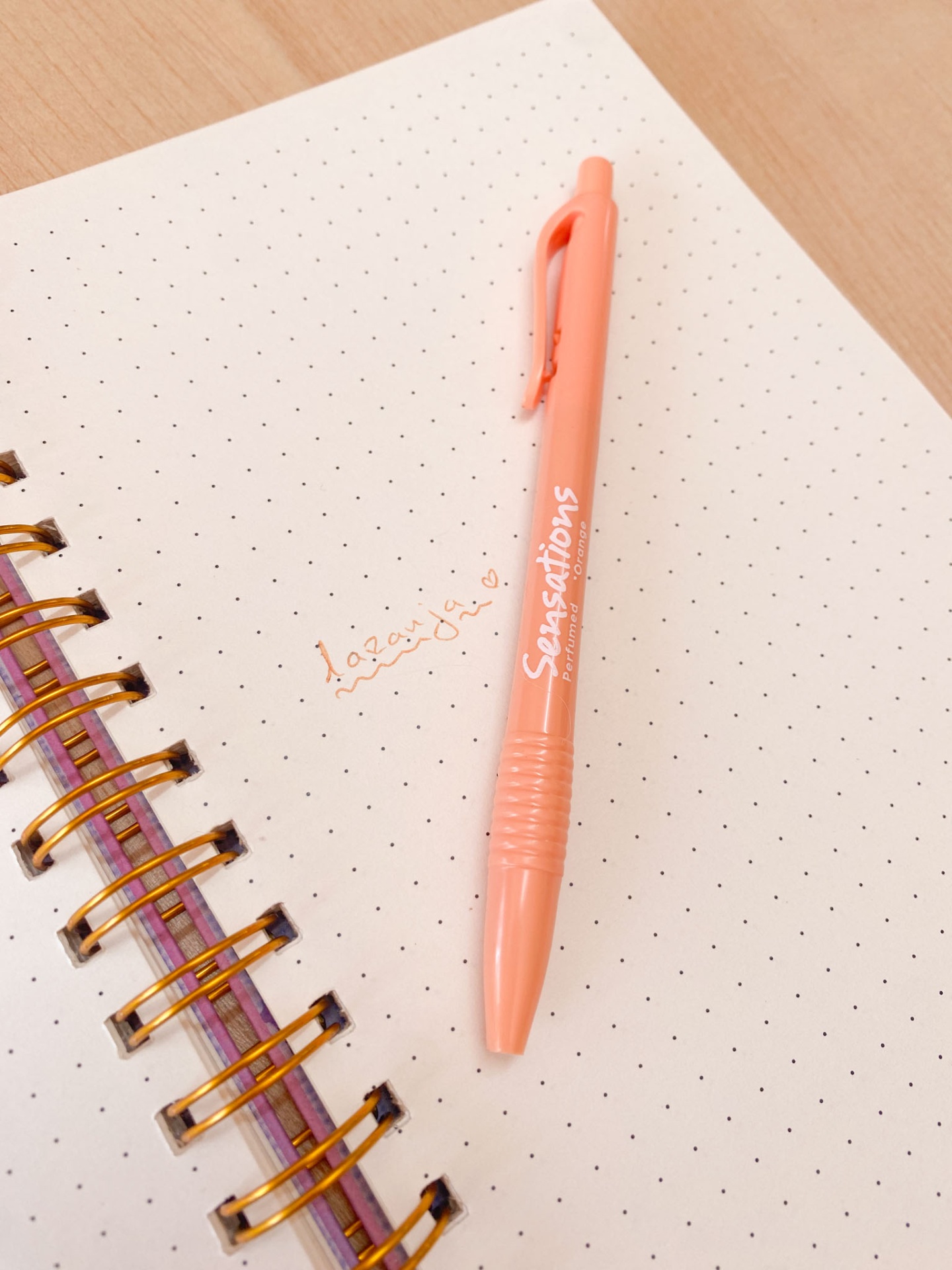 Caneta cor de pêssego com texto Sensations sobre caderno espiral e papel pontilhado