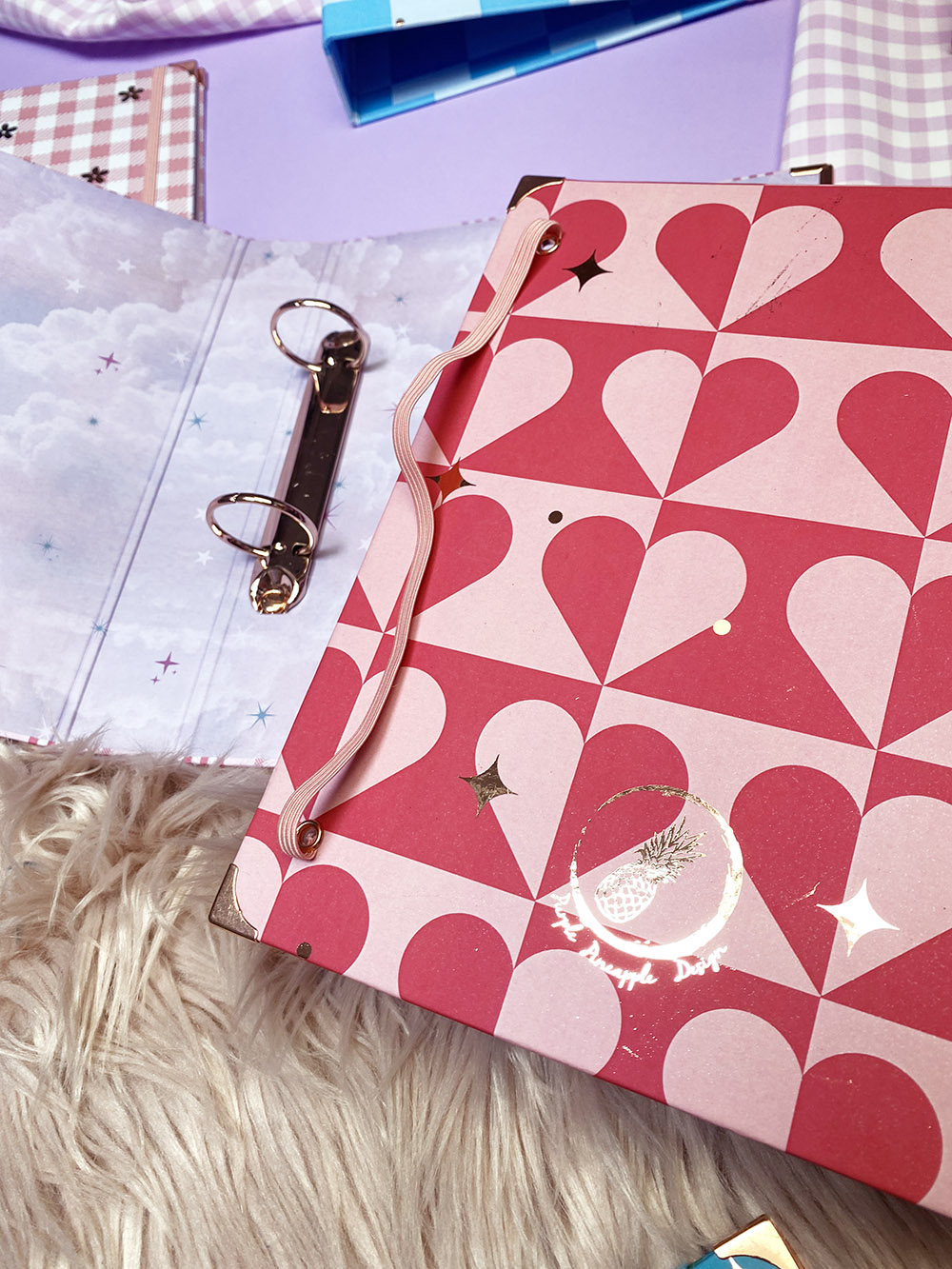 Capa de fichário com coração rosa e vermelho com detalhes dourados