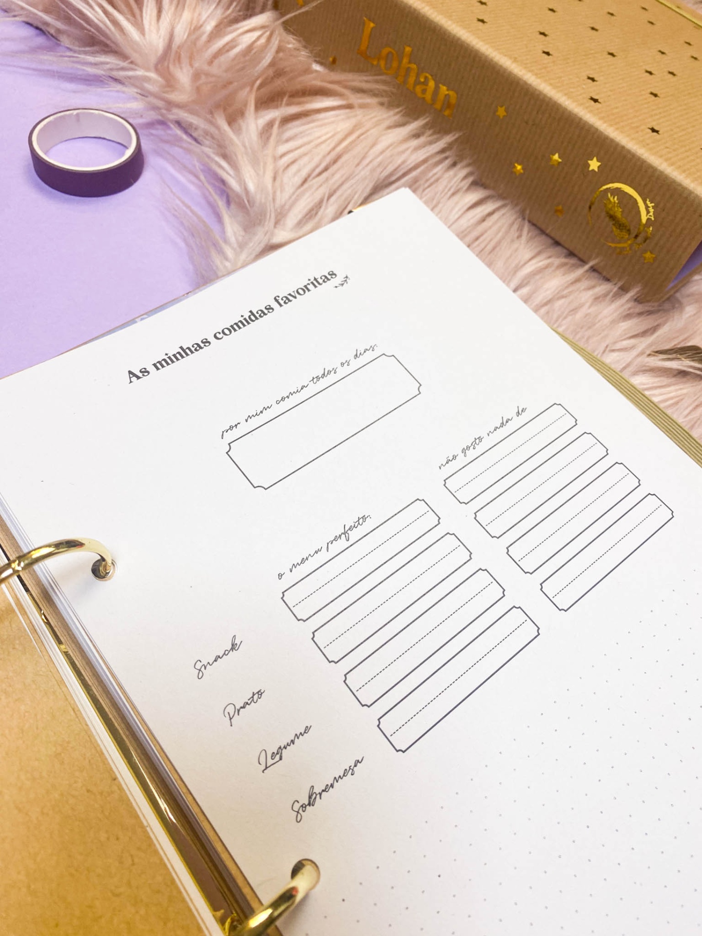 Página de caderno com seção para comidas favoritas, anel roxo, tapete rosa peludo e caixa dourada com texto