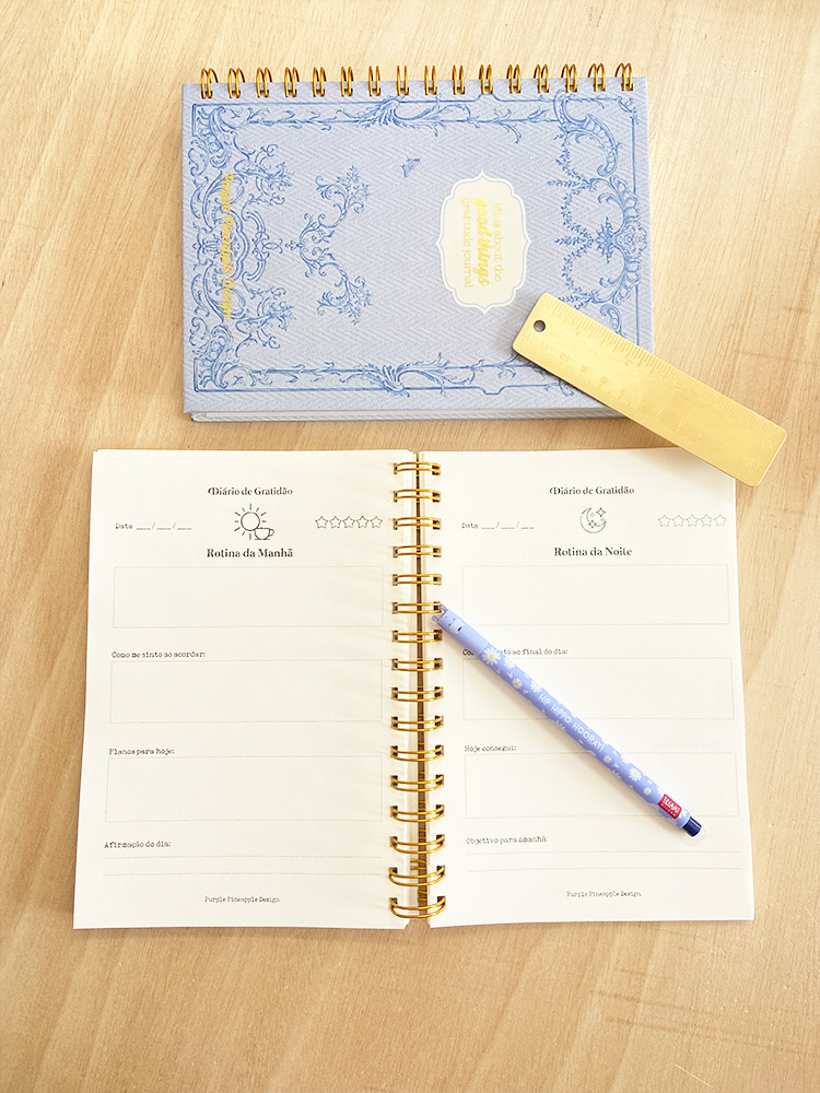 Dois cadernos espirais, régua amarela e caneta azul sobre mesa de madeira