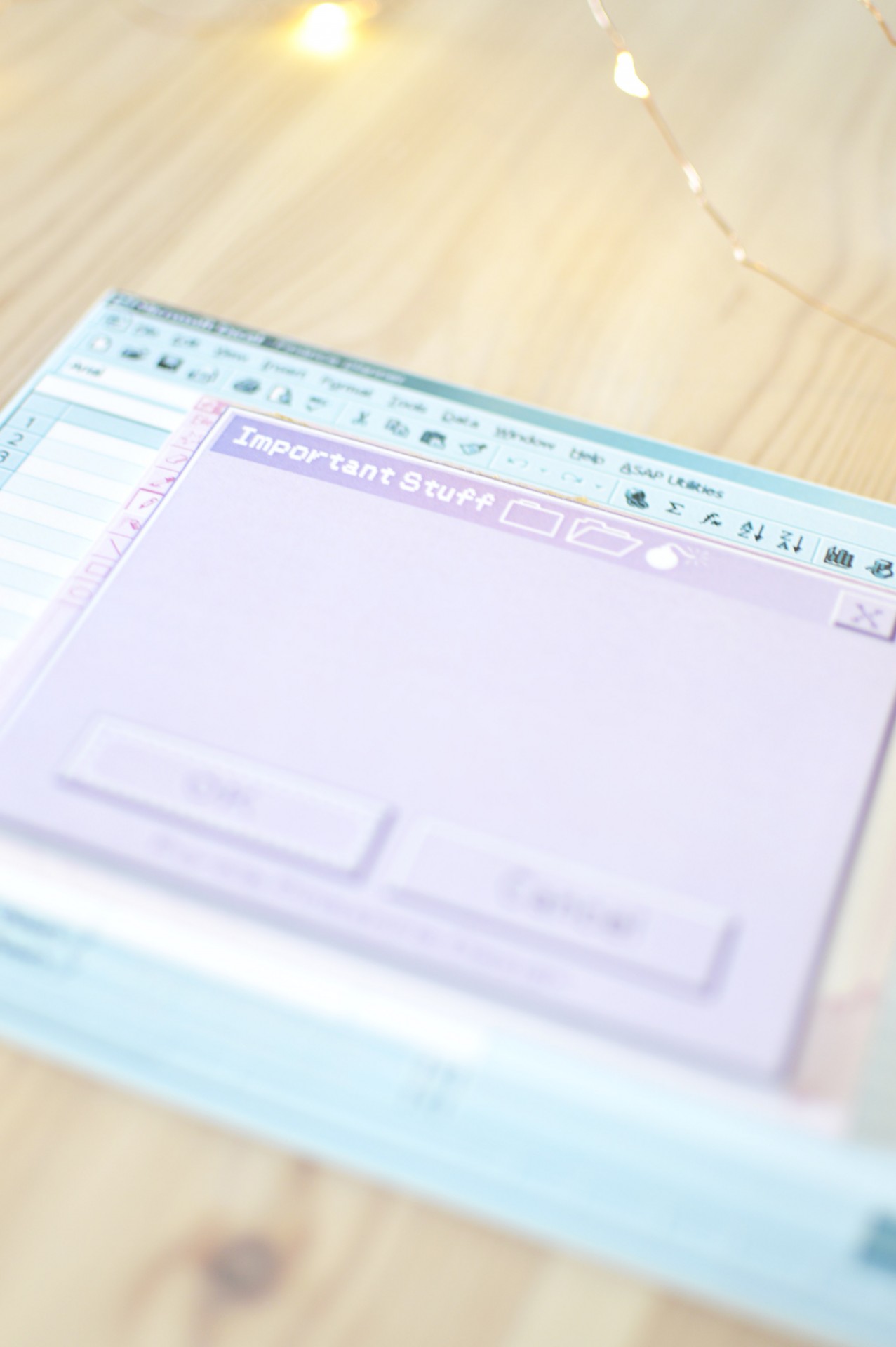 Blocos de notas em papel, um com cabeçalho 'Important Stuff' em fundo lilás e outro com ícones e texto pequenos, sobre mesa de madeira.