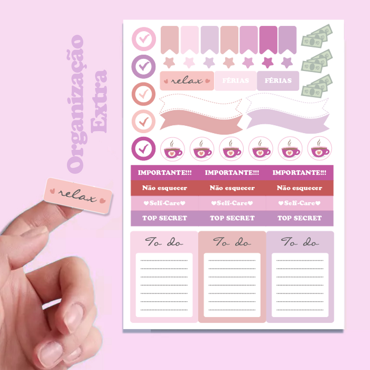 Folha de autocolantes para organização em tons rosa e roxo, com etiquetas e ícones diversos