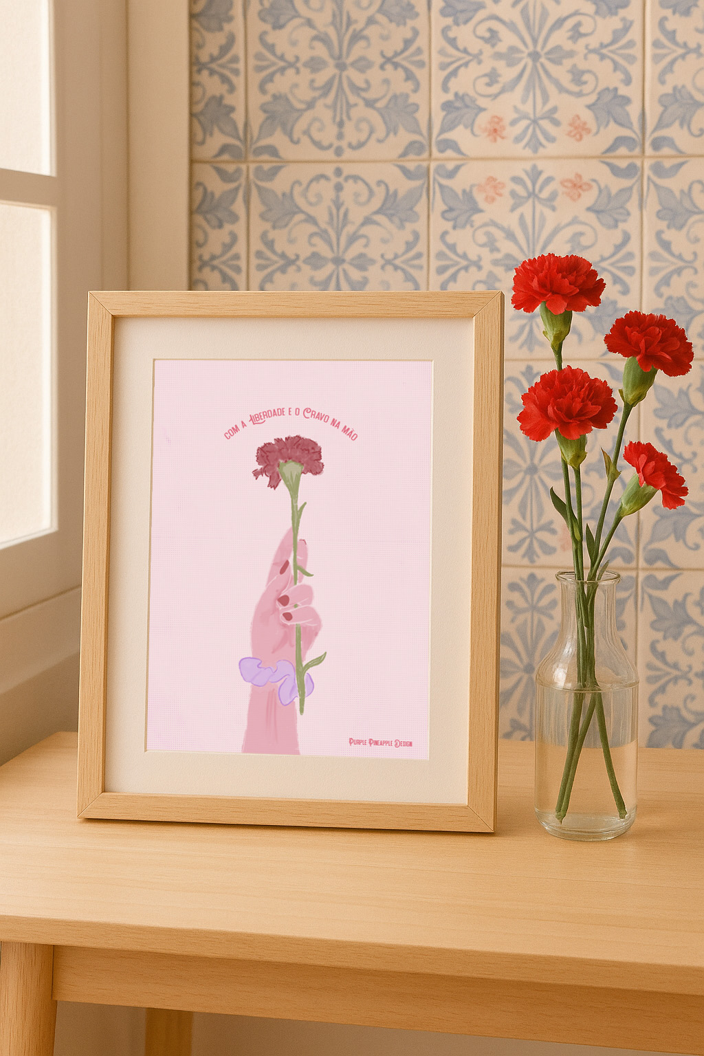 Quadro com ilustração de mão segurando cravo vermelho e vaso com cravos na mesa, azulejos azuis ao fundo