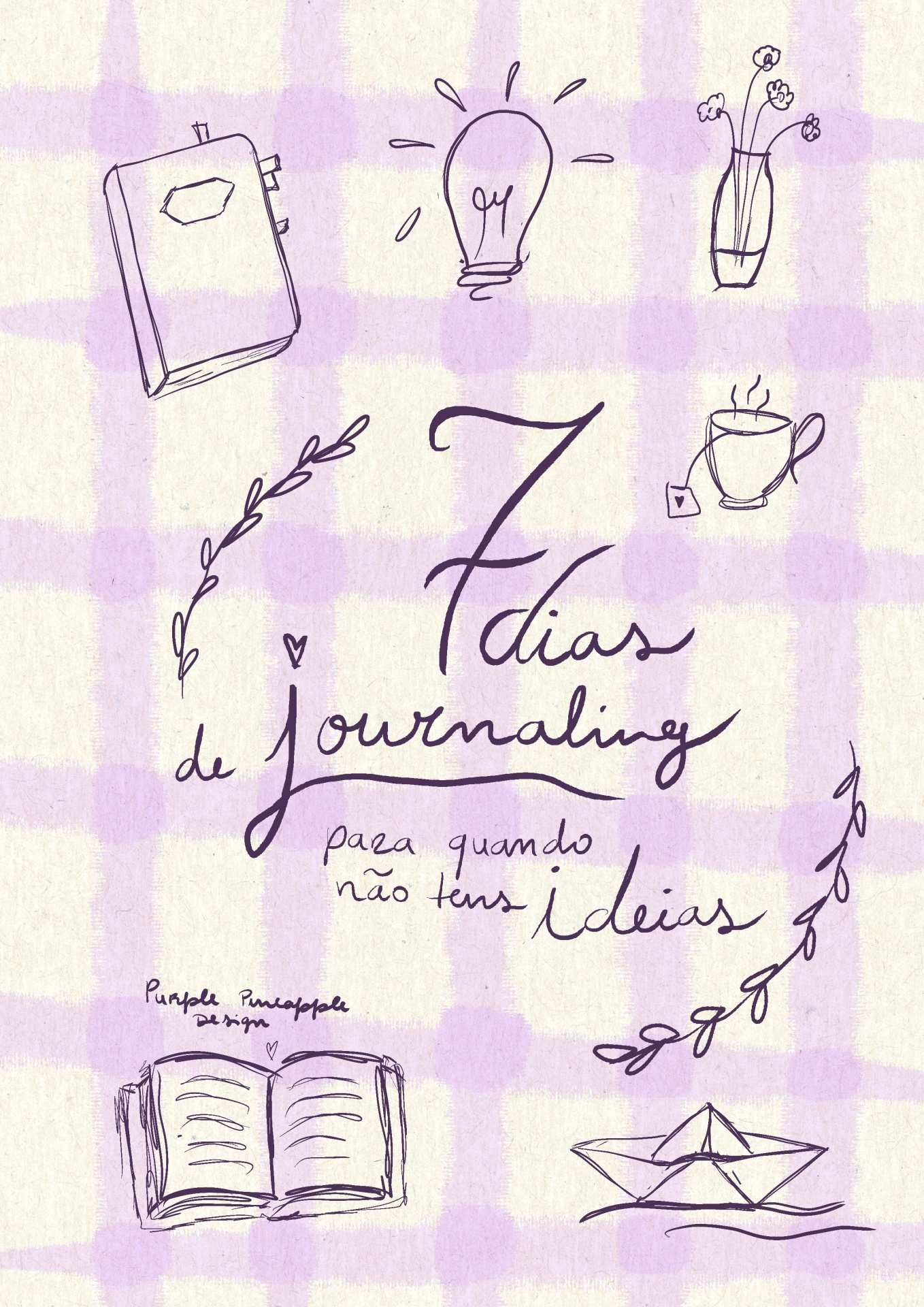 Capa com padrão xadrez lilás e desenhos lineares e texto manuscrito inspirador