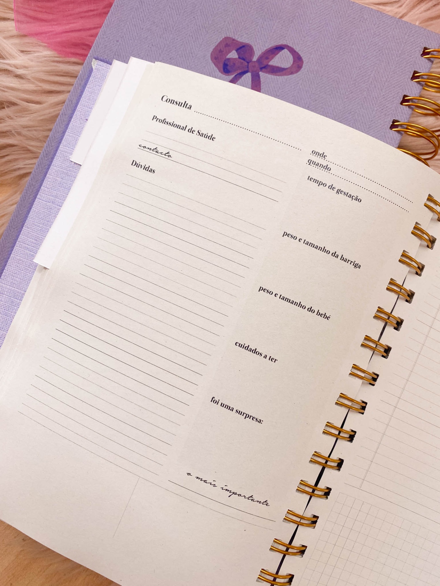 Agenda rosa com página para anotações médicas