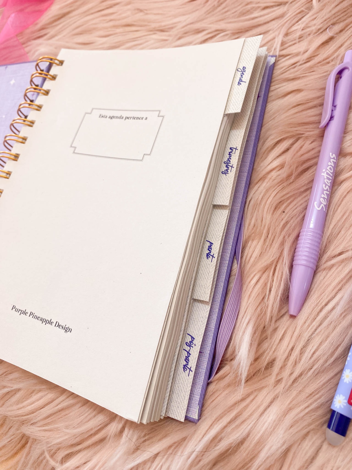 Caderneta branca com divisórias e canetas lilás sobre tapete felpudo rosa