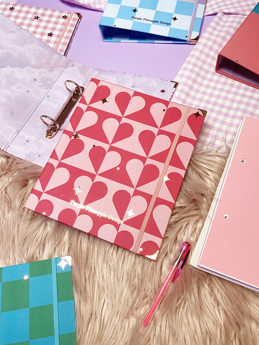 Ficheiros de argolas coloridos com diferentes padrões sobre tapete peludo e superfície roxa.