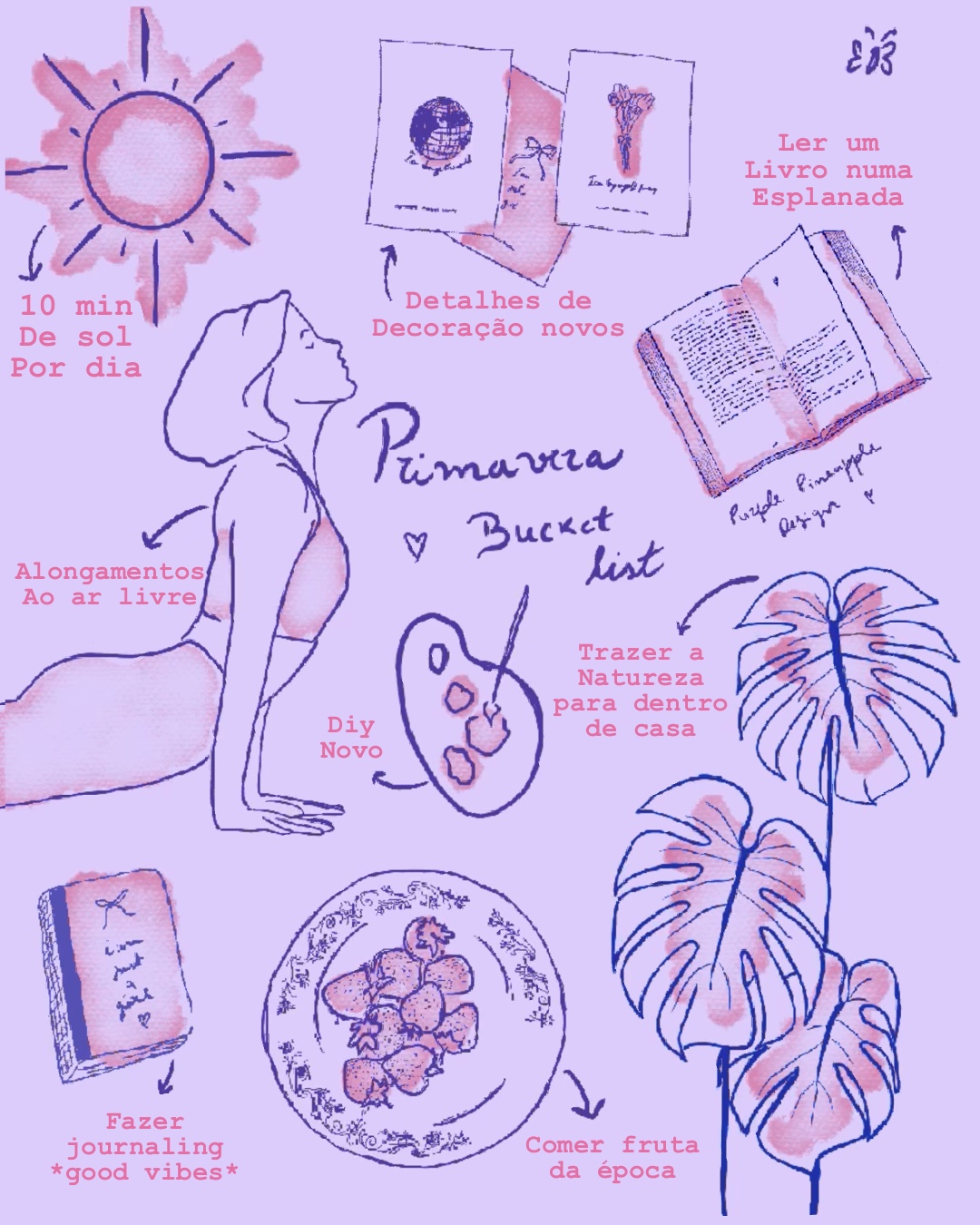 Ilustração com sugestões para a primavera, desenhos de pessoas, plantas, livros e comida com texto em português.